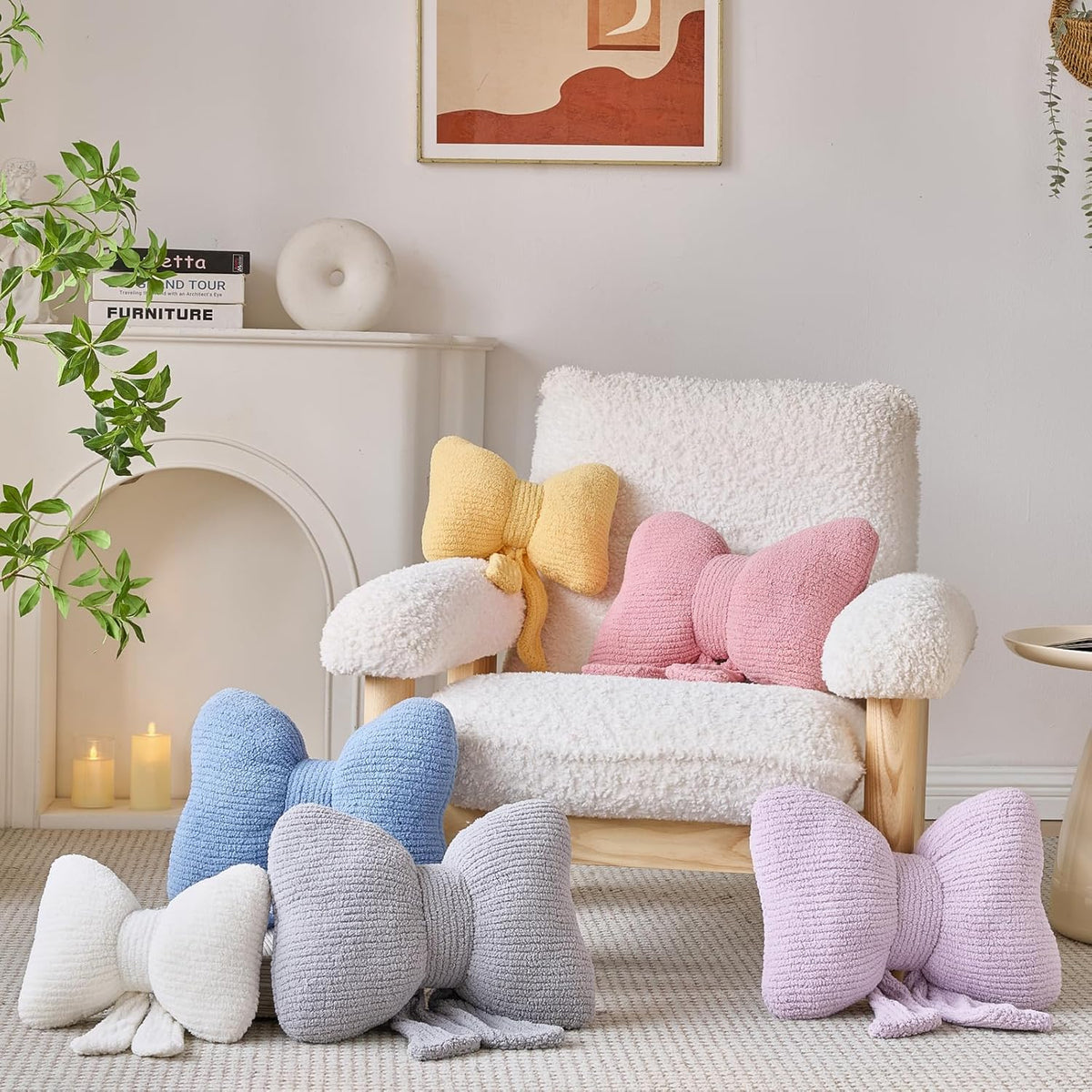 Bow Pillow, Decorative Throw Pillows with Soft Plush, Bow Throw Pillow for Couch Bed, Home Decor Bow Shaped Pillow for Bedroom Living Room (White, 12 Inches)
