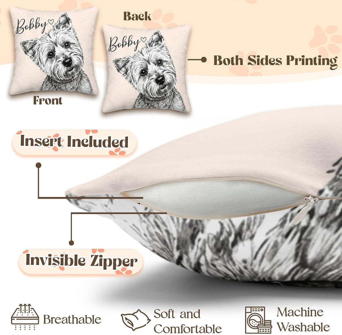 Custom Pet Throw Pillow with Photo Text, Customized Pet Memorial Gifts, Personalized Pet Photo Gifts for Dog Lovers, Loss of Dog Sympathy Gift Personalized, Cats Dogs Remembrance Bereavement Gift