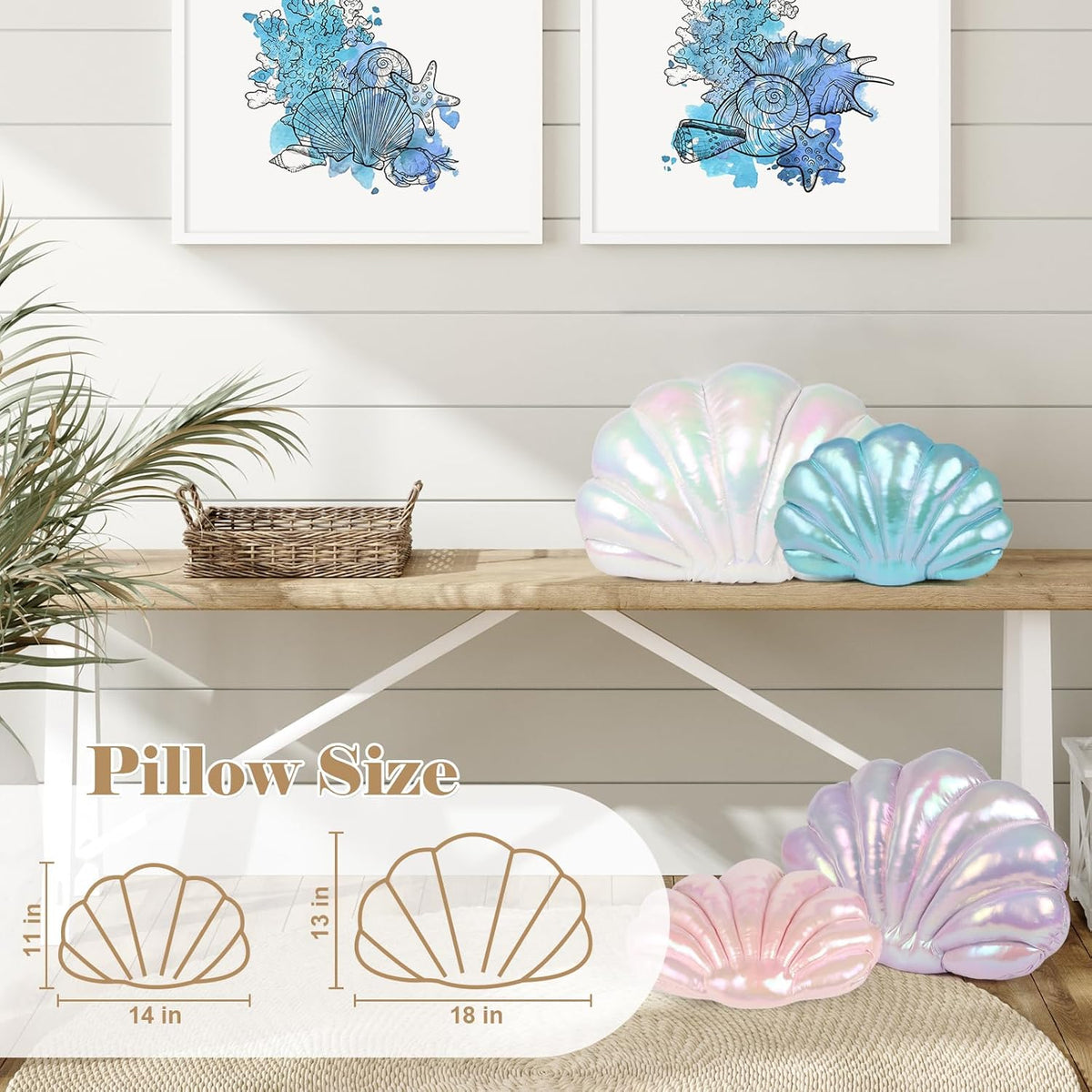 Marble Empire Seashell Pillow - Holographic Iridescent Foil Fabric Throw Pillow for Couch, Coastal Beach Theme Decor, Ocean Themed Bedroom Living Room Accent Pillow（Pearl White,14×11''）