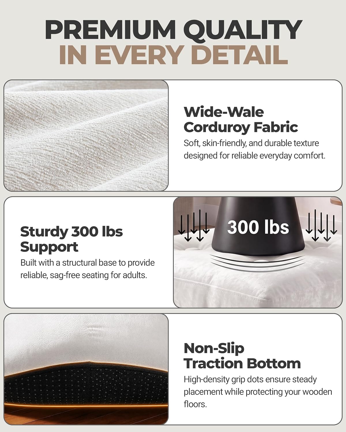 23.6in Pouf Ottoman, Chenille Ottoman Foot Rest with Dual‑Layer Support, Large Plush Pouf with Soft Chunk‑Foam Top & Firm Foam Base, Floor Foot Stool for Living Room, Beige