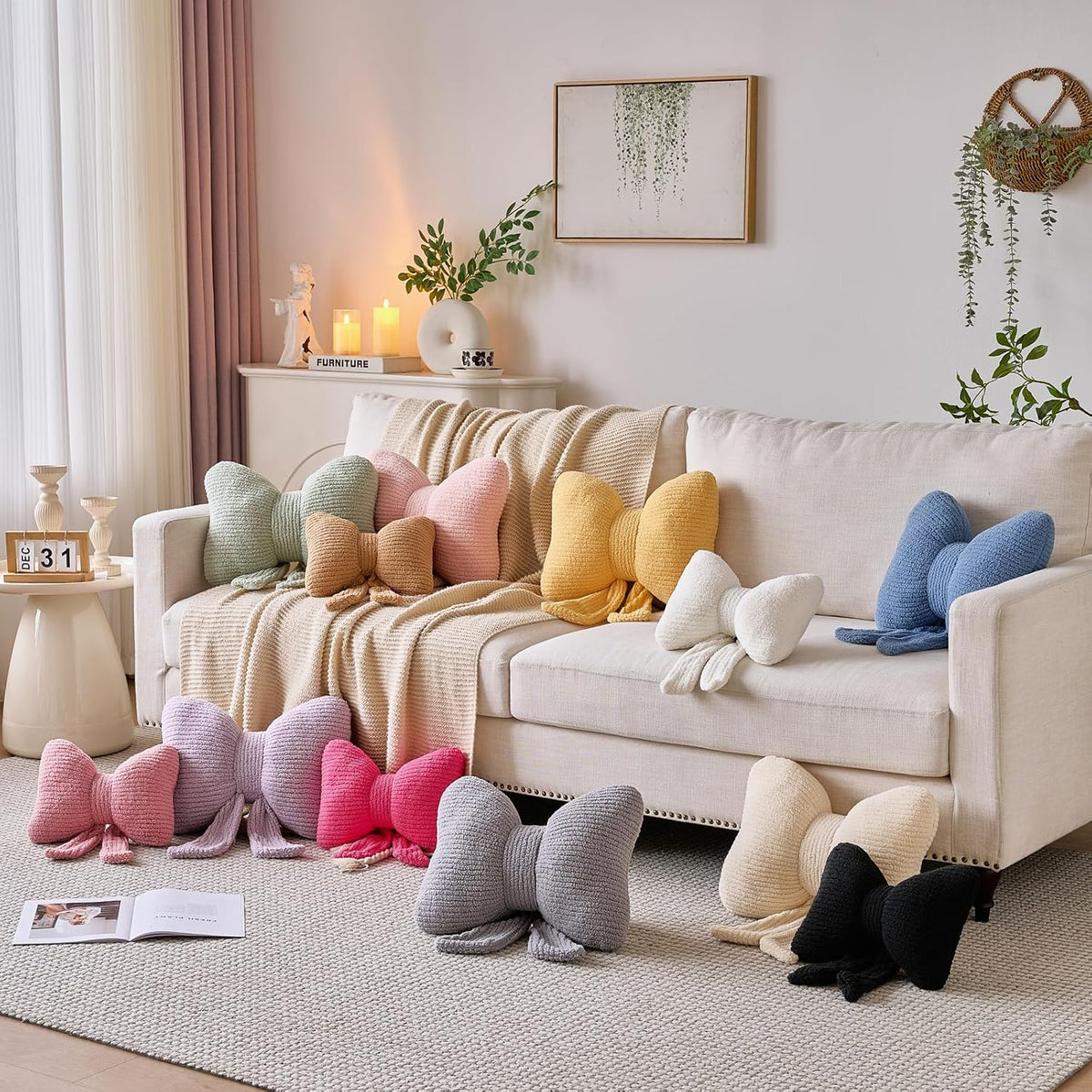 Bow Pillow, Decorative Throw Pillows with Soft Plush, Bow Throw Pillow for Couch Bed, Home Decor Bow Shaped Pillow for Bedroom Living Room (White, 12 Inches)