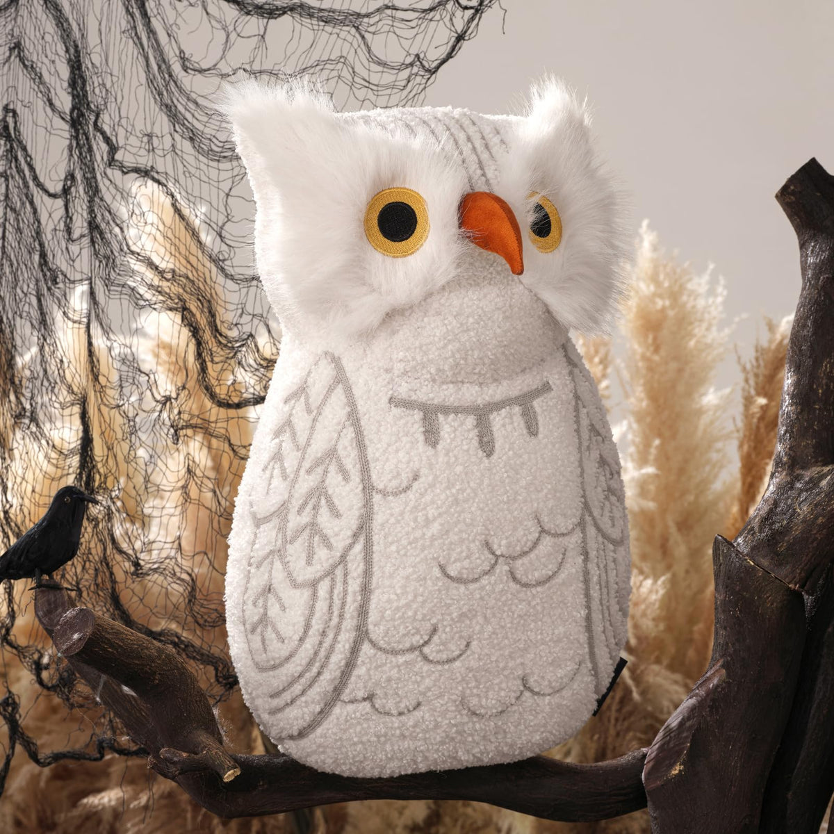 Phantoscope Happy Halloween Shaped Throw Pillow, Plush Teddy Sherpa Owl Shaped Pillow with 3D Beak, Halloween Decorative Animal Stuffed Cushion for Couch, Black, 17.5 x 11 inches