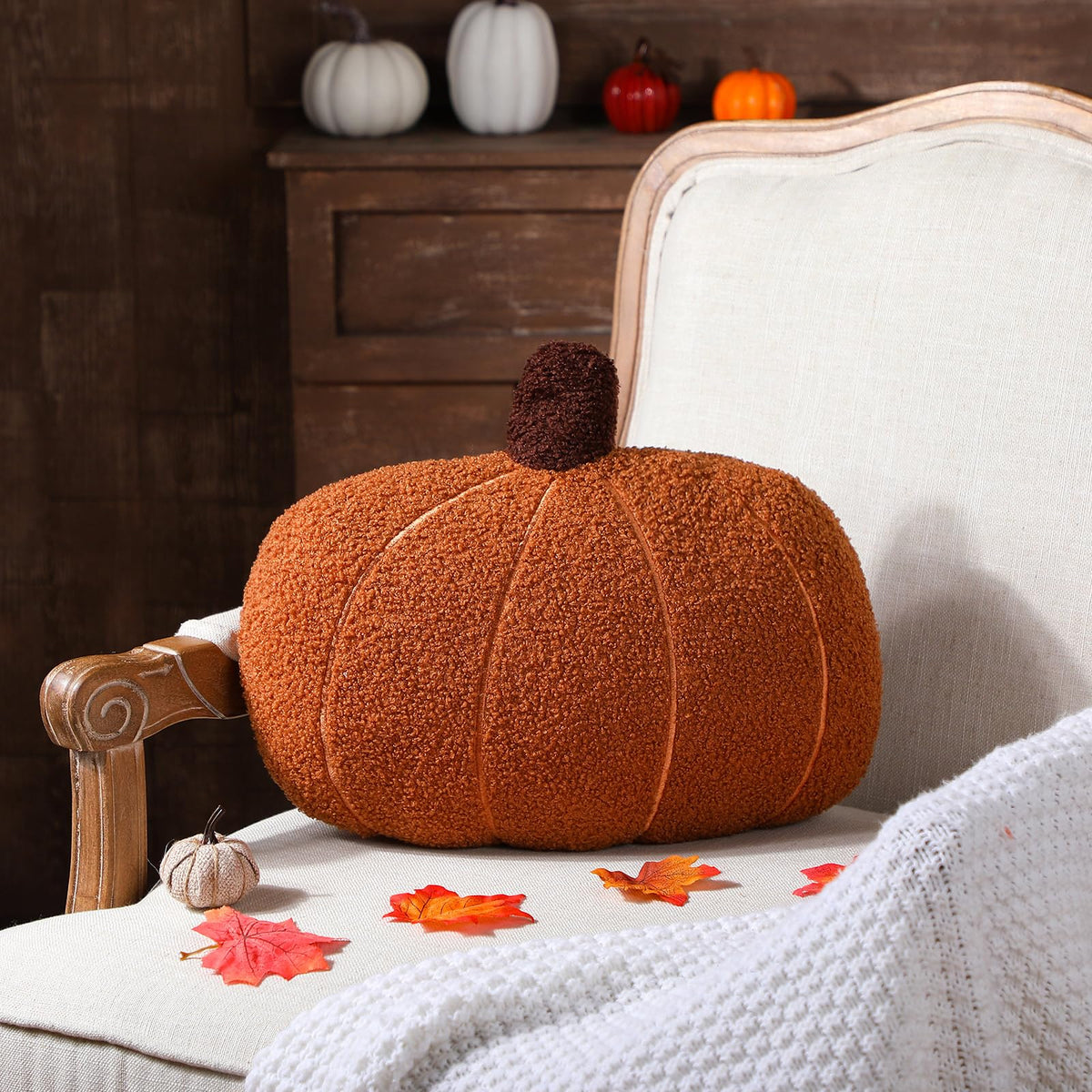 Wonderjune Fall Pumpkin Throw Pillow 14 x 9 Inch 3D Simulated Plush Pumpkin Shape Stuffed Throw Pillow for Sofa Cushion Couch Home Thanksgiving Decoration(Orange)