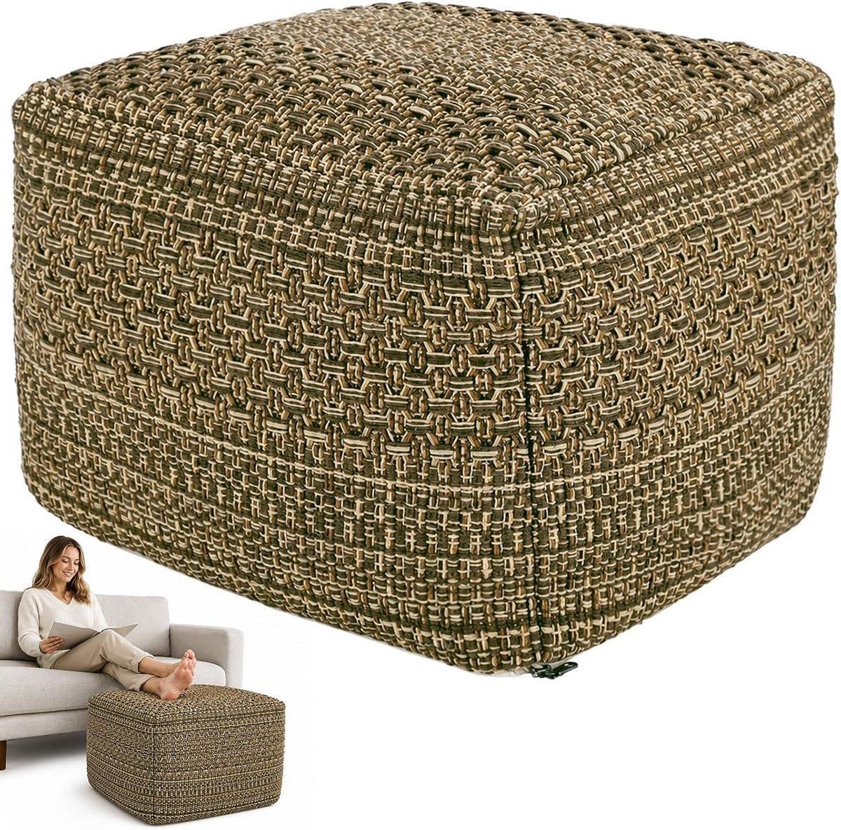 Unstuffed Ottoman Square Pouf Cover, 16.5 x 16.5 x 13 in Bohemian Ottoman with Cross-Stitch Woven Texture, Storage Footrest and Extra Seating for Living Room Bedroom Entryway