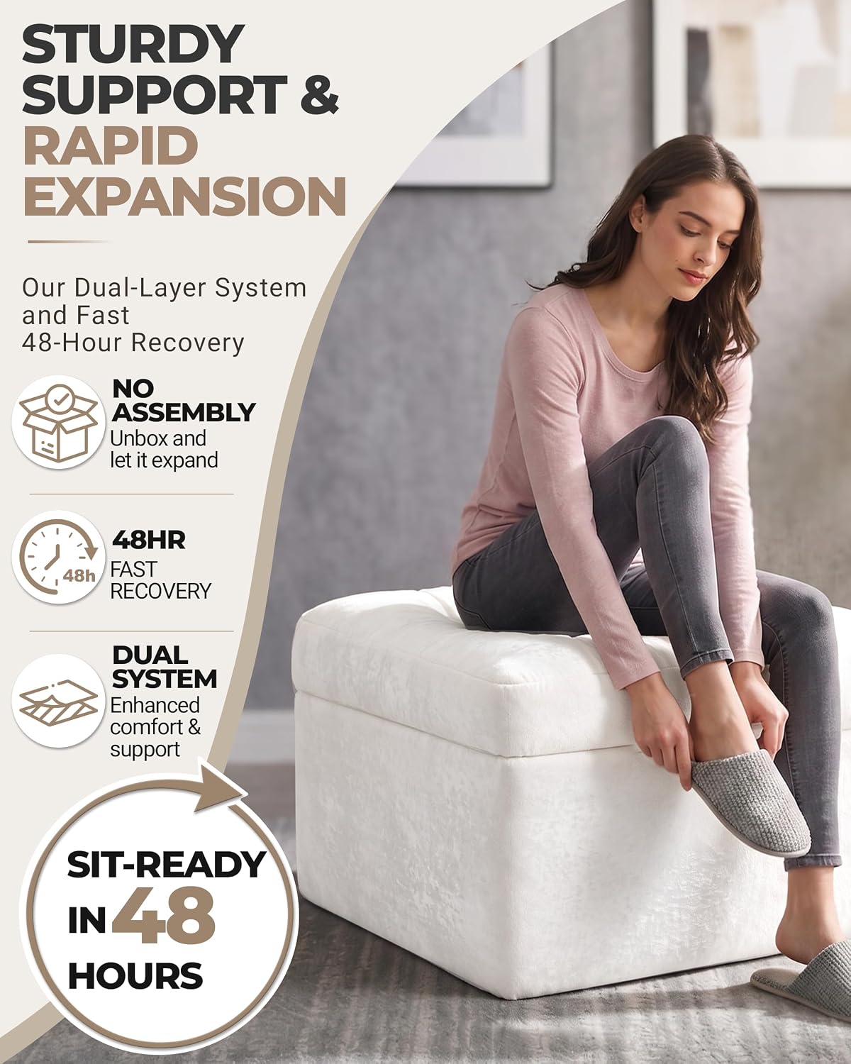 23.6in Pouf Ottoman, Chenille Ottoman Foot Rest with Dual‑Layer Support, Large Plush Pouf with Soft Chunk‑Foam Top & Firm Foam Base, Floor Foot Stool for Living Room, Beige
