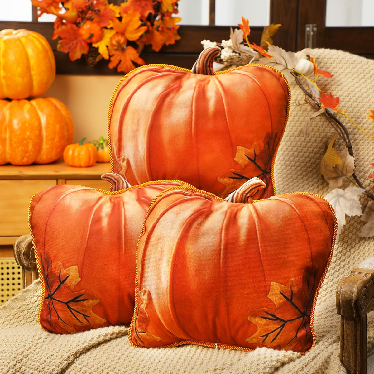 Yousoontic 3 Pcs 12" Fall Pumpkin Throw Pillows Thanksgiving Maple Leaf