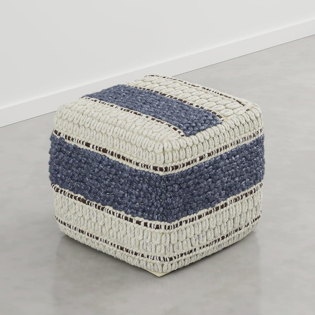 SIMPLIHOME Grady Square Pouf - 18 inch Wide Wool and Cotton Handloom Woven Ottoman in Natural/Blue, Contemporary Footstool or Extra Seating for Living Room with Polystyrene Bead Filling, Assembled