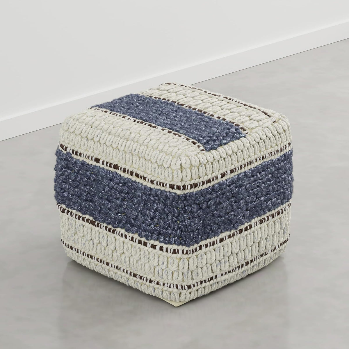 SIMPLIHOME Grady Square Pouf - 18 inch Wide Wool and Cotton Handloom Woven Ottoman in Natural/Blue, Contemporary Footstool or Extra Seating for Living Room with Polystyrene Bead Filling, Assembled