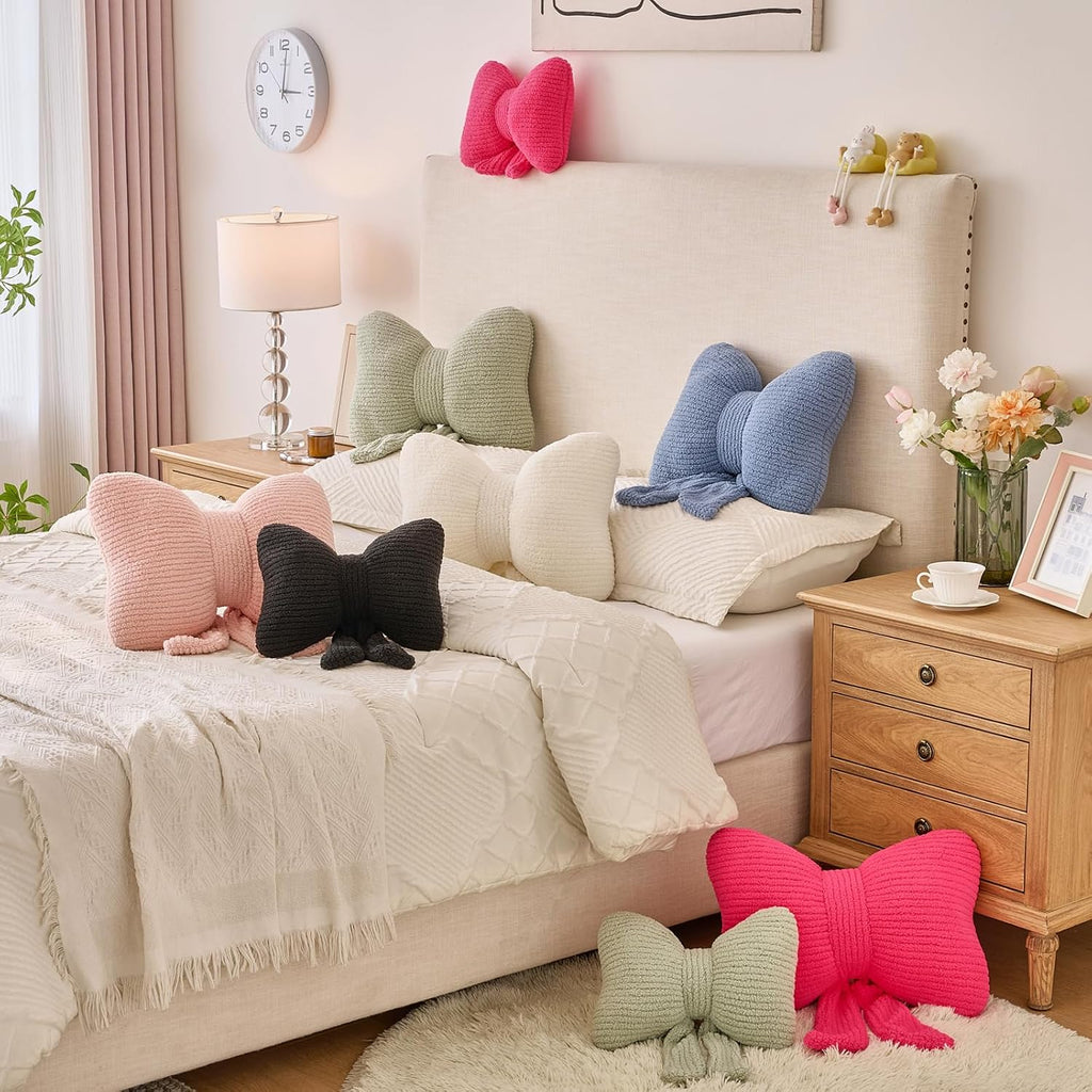 Bow Pillow, Decorative Throw Pillows with Soft Plush, Bow Throw Pillow for Couch Bed, Home Decor Bow Shaped Pillow for Bedroom Living Room (White, 12 Inches)