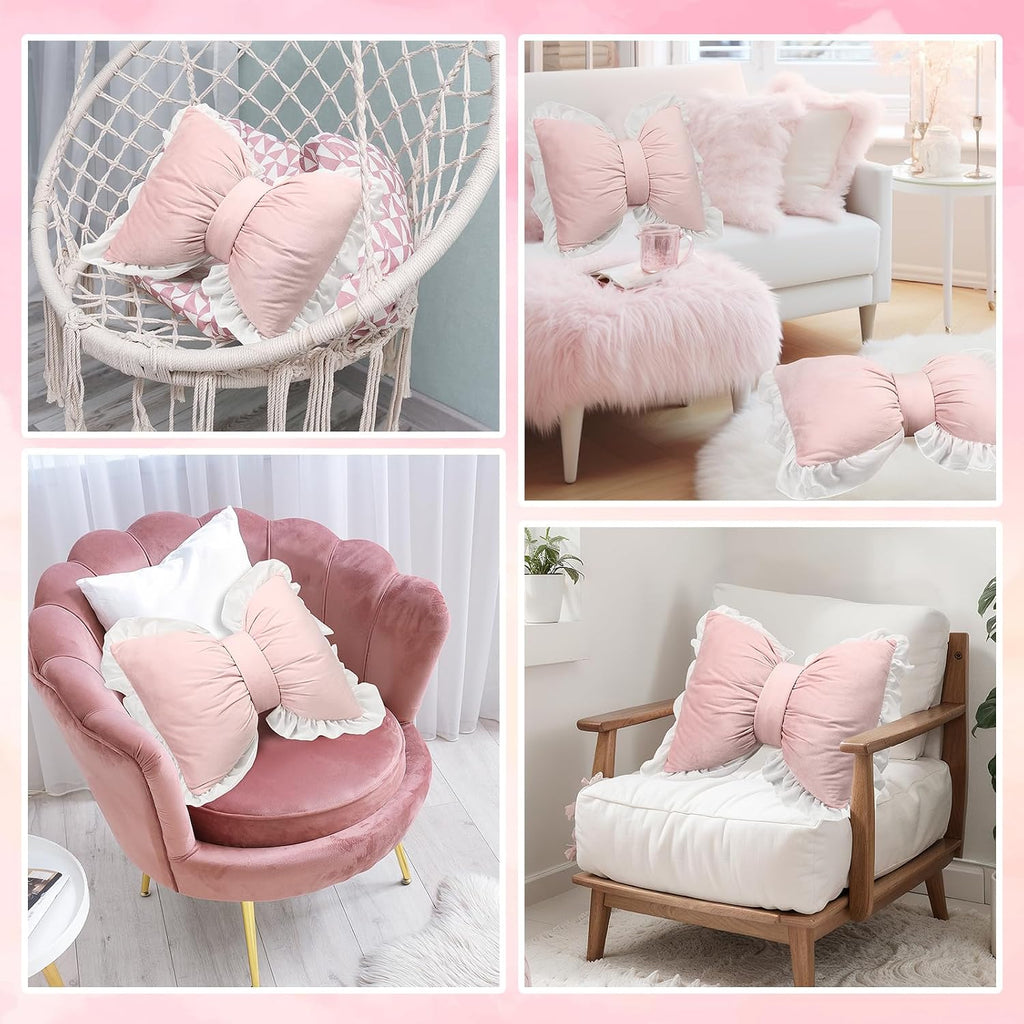 Yousoontic 2 Pcs Bow Throw Pillows 15.7x12.6 in, Velvet, Pink
