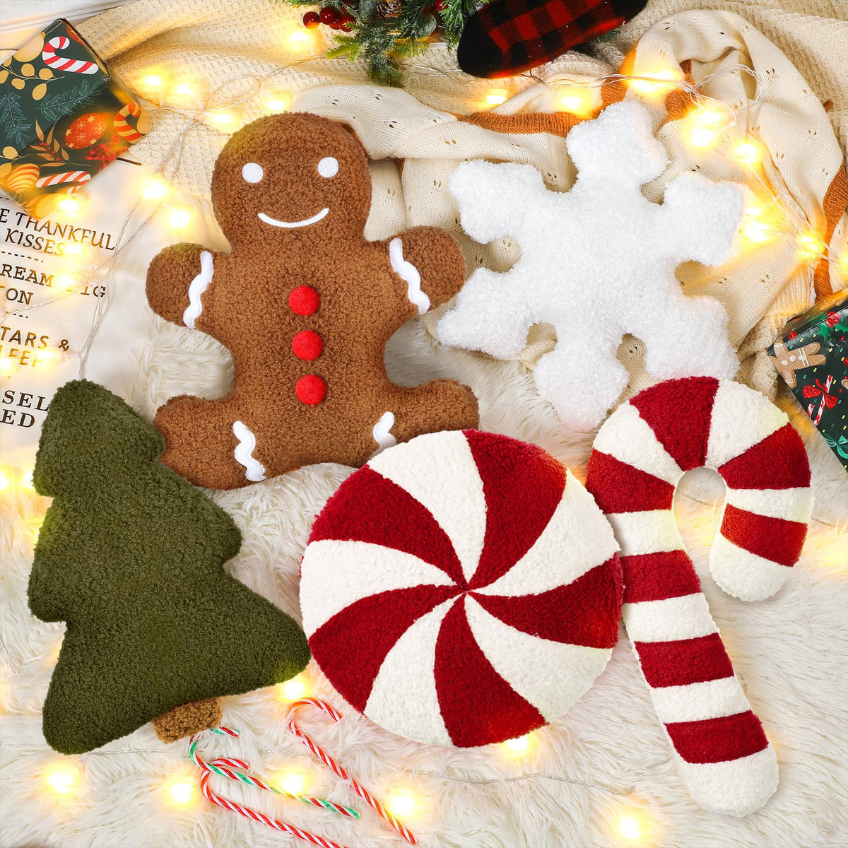 5 Pcs Christmas Throw Pillow Gingerbread Man Xmas Tree