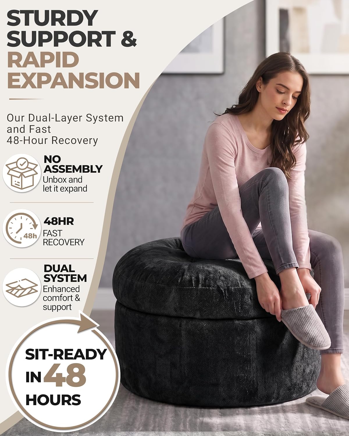 23.6in Round Pouf Ottoman, Chenille Ottoman Foot Rest with Dual‑Layer Support, Large Plush Pouf with Soft Chunk‑Foam Top & Firm Foam Base, Floor Foot Stool for Living Room, Black