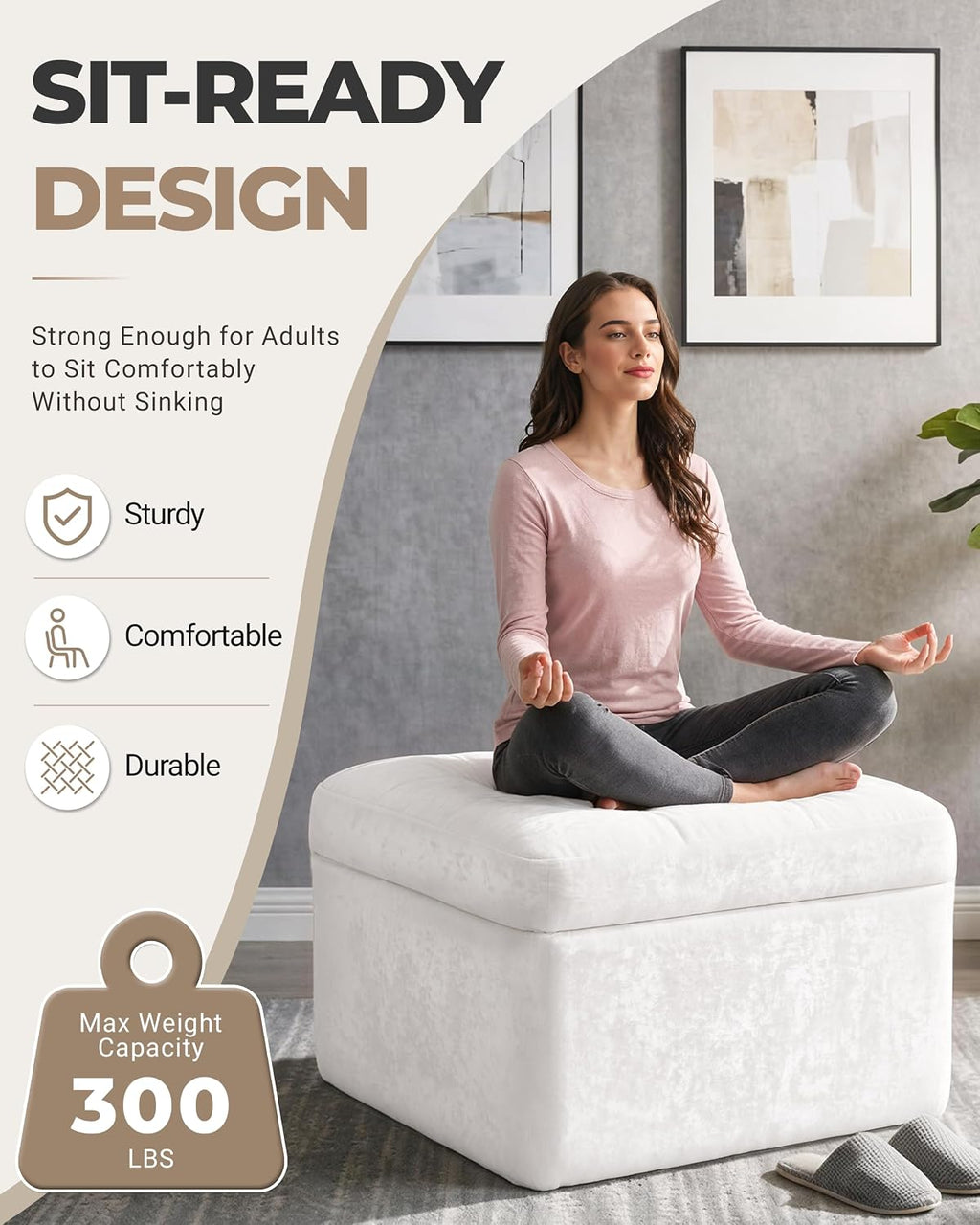 23.6in Pouf Ottoman, Chenille Ottoman Foot Rest with Dual‑Layer Support, Large Plush Pouf with Soft Chunk‑Foam Top & Firm Foam Base, Floor Foot Stool for Living Room, Beige
