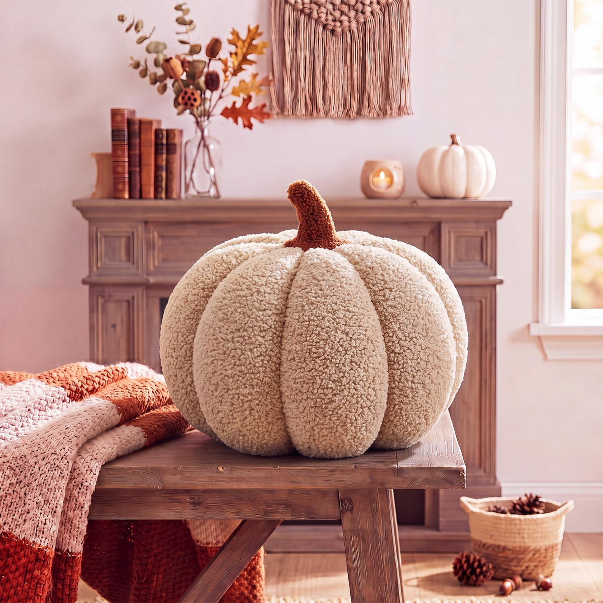 Juexica Stuffed Pumpkin Pillow Fall Halloween Decor Cushion,White,Small