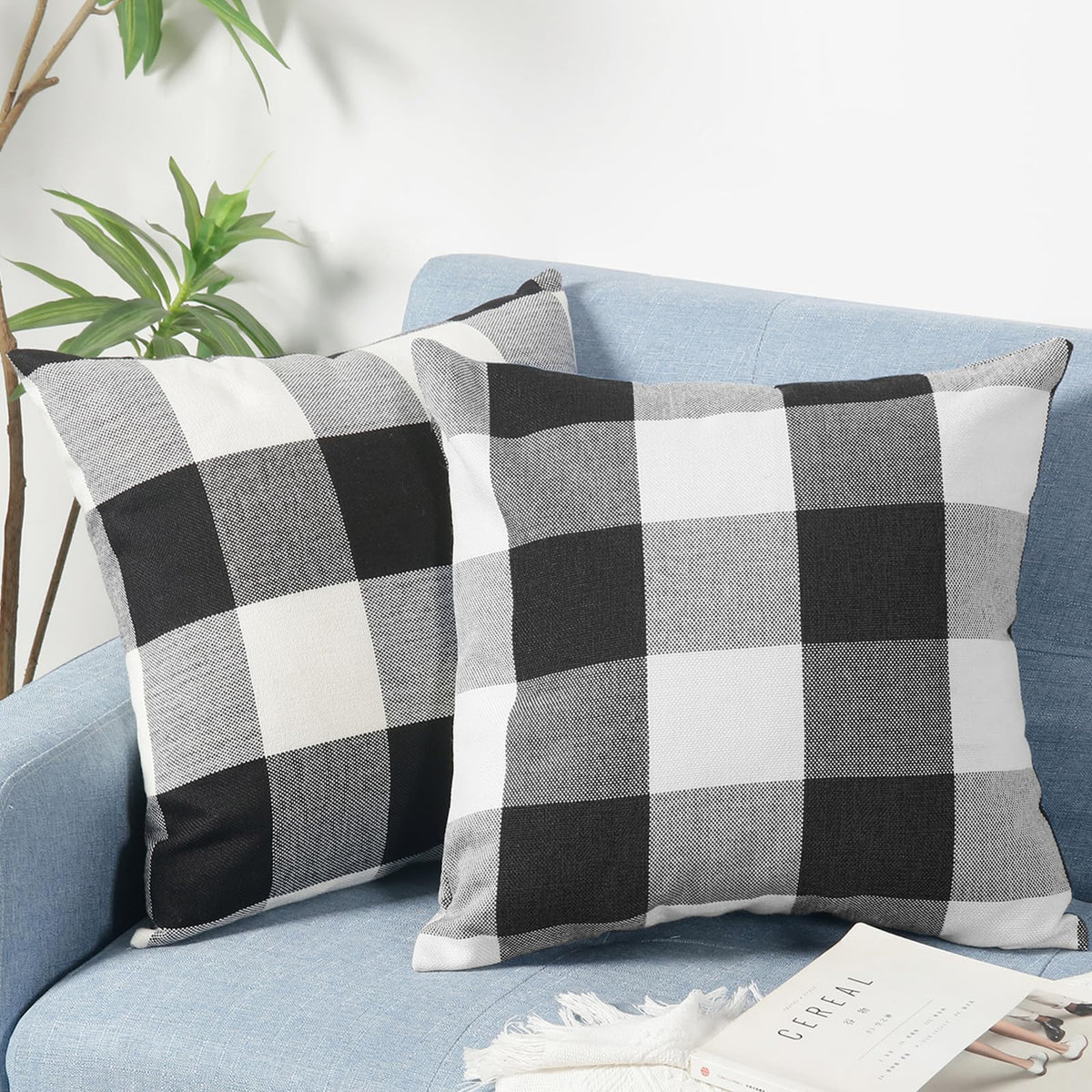 Rustic Buffalo Plaid Pillows with Inserts Set of 2, Retro Cotton Linen Decorative Throw Pillows for Front Porch Patio Decor, Classic Home Decor for Sofa Bed Couch(Black White, 16" x 16")