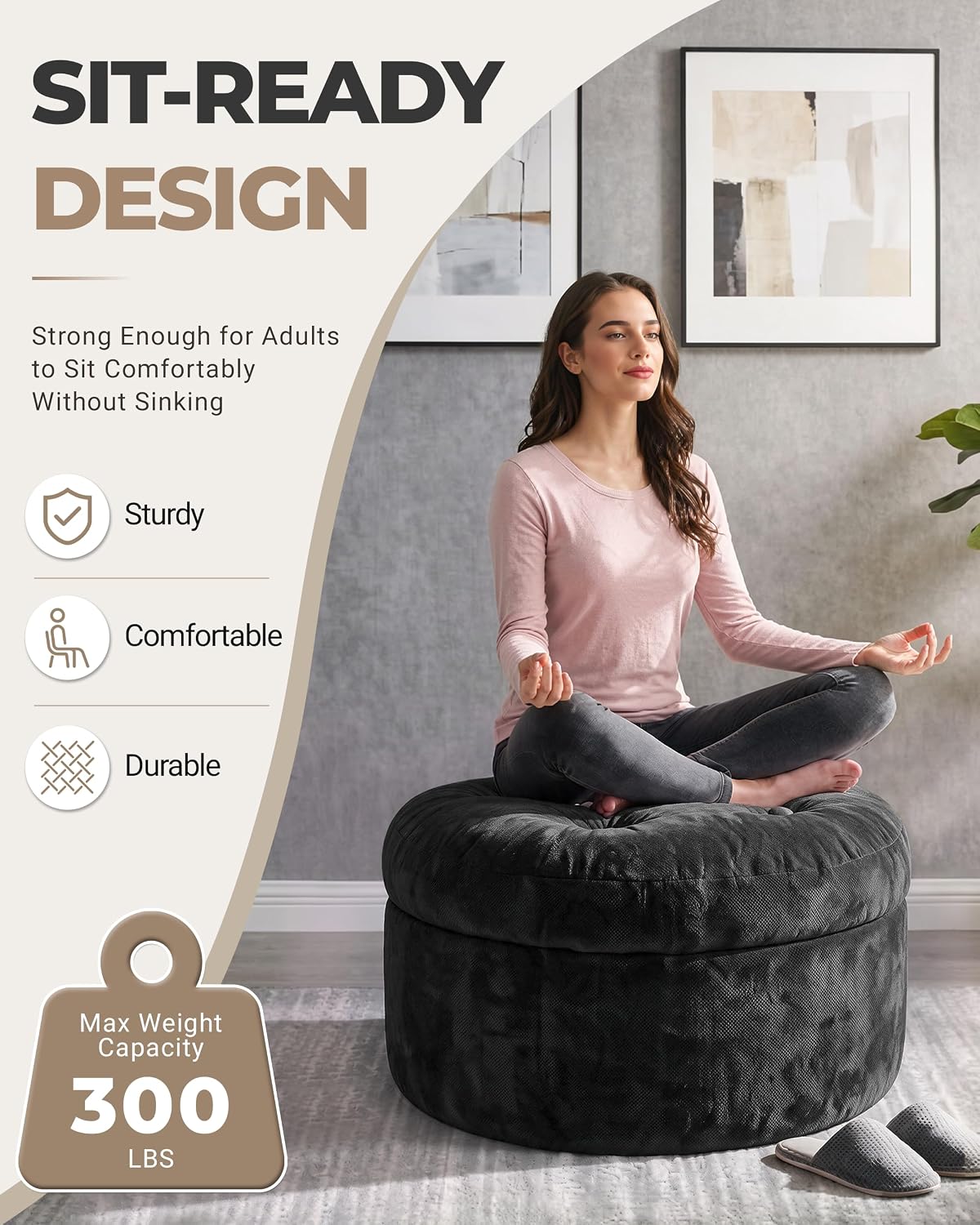 23.6in Round Pouf Ottoman, Chenille Ottoman Foot Rest with Dual‑Layer Support, Large Plush Pouf with Soft Chunk‑Foam Top & Firm Foam Base, Floor Foot Stool for Living Room, Black