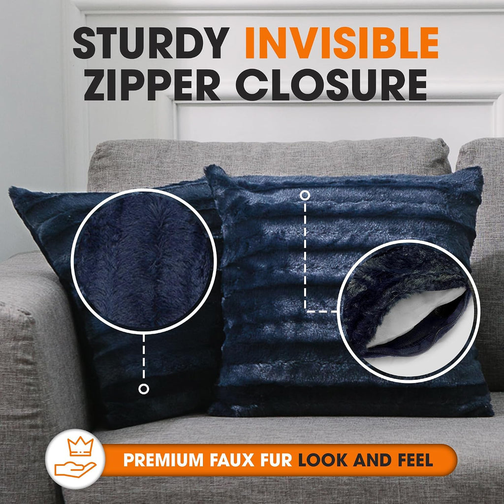 Cheer Collection Faux Fur Throw Pillows - Decorative Pillows for Couch, Bed Throw Pillows, Blue Accent Pillows for Bedroom or Living Room Aesthetic, Set of 2 Furry Throw Pillows, 20" x 20"