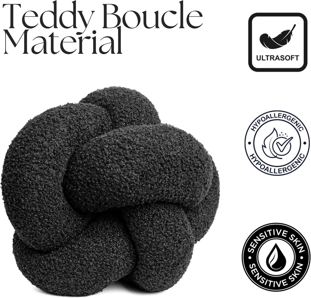 SAMIAH LUXE Charcoal Black Teddy Boucle Knot Pillow Ball 12", Permanently Stitched Knotted Decorative Throw Pillow, Natural Kapok Fill, Round Accent Pillow for Couch Sofa Bed, Boho Home Decor