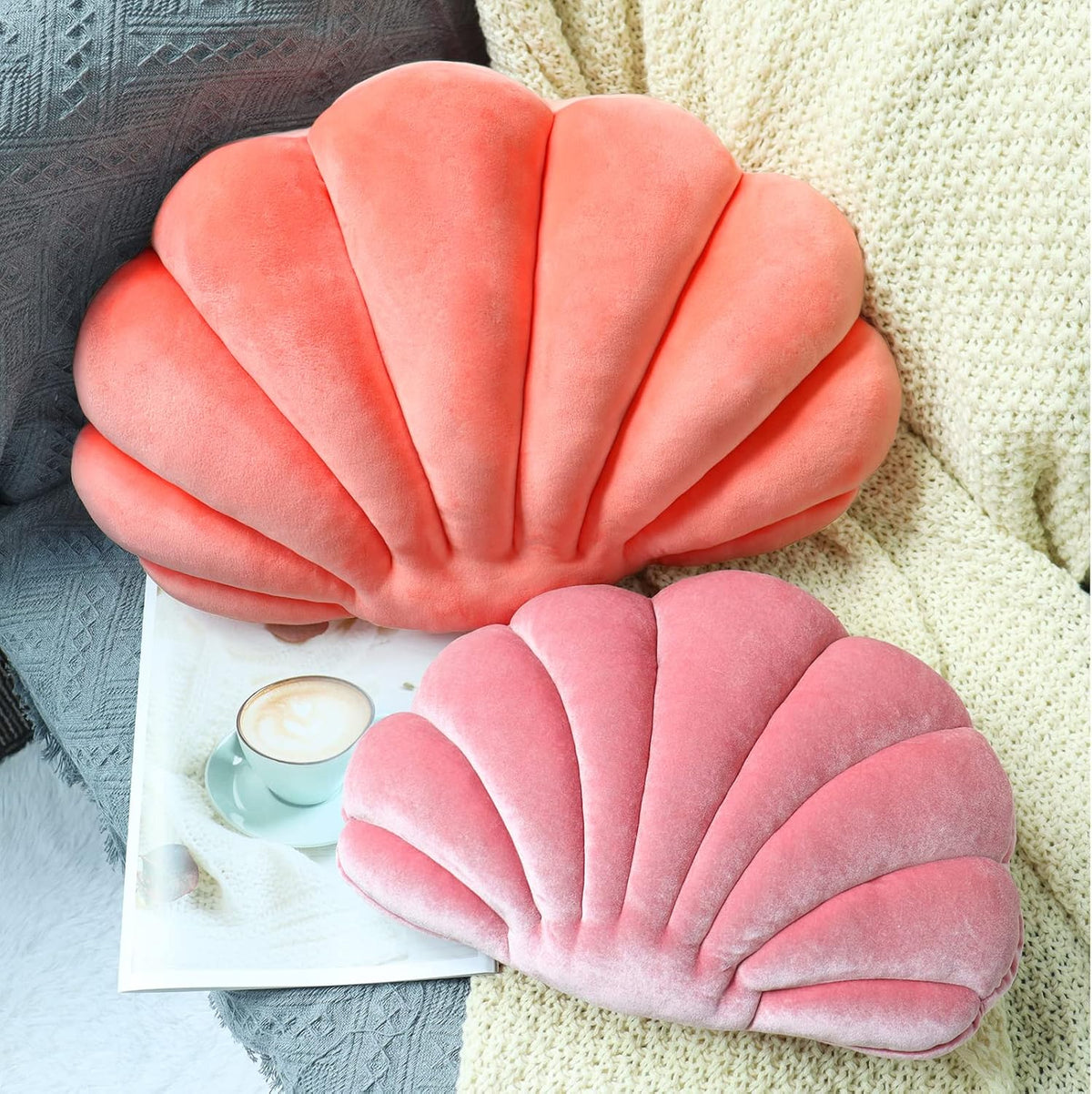 Yi-gog Seashell Pillow Sea Shaped Decorative Princess Throw Pillow 3D Velvet Soft Ocean Cute Throw Pillows for Bed Couch Chair Sofa Room 13.4 X 9.8 inch