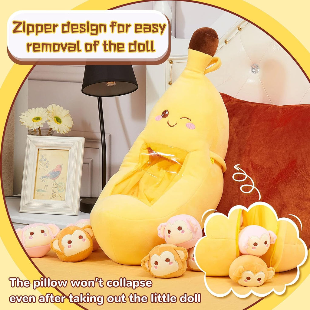 Lewtemi Banana Pillow Cute Kawaii Plush Toy with Monkeys, Banana