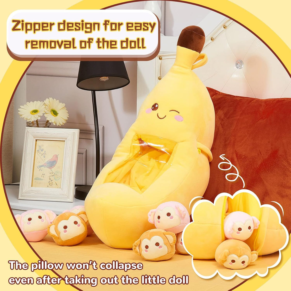 Lewtemi Banana Pillow Cute Kawaii Plush Toy with Monkeys, Banana