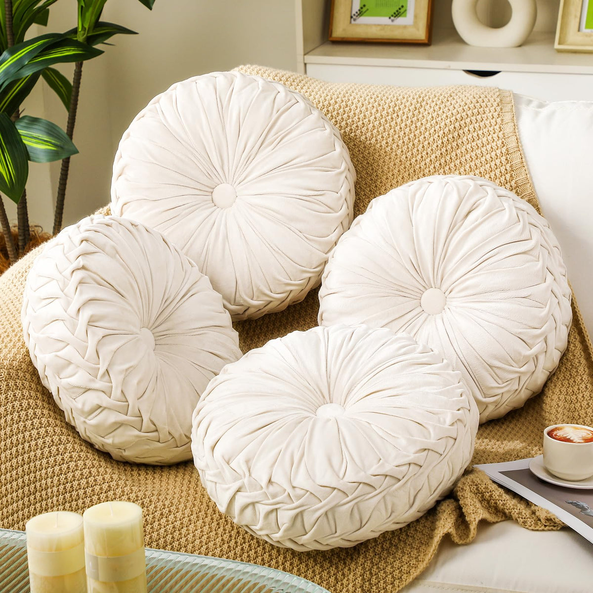 Beeveer 2 Pcs Round Throw Pillows Velvet Pleated Pillows, Ivory