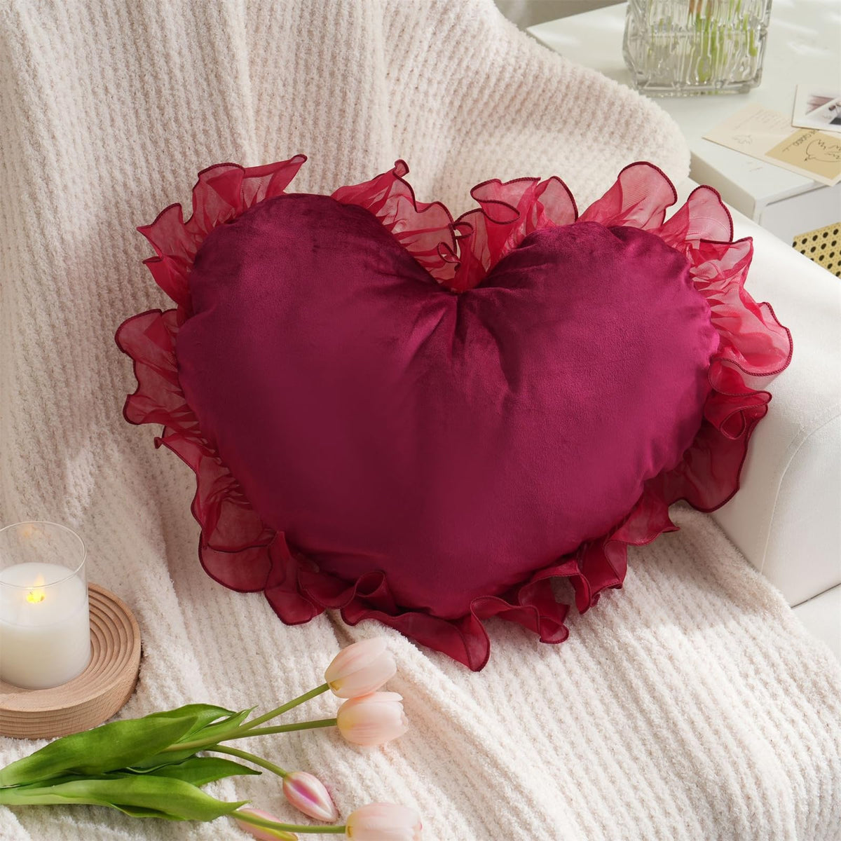 MOJUN Black Heart Pillow, Soft Heart Shaped Pillow with Bow Ruffle Design Love Room Decor Pillows for Sofa Bed Chair Cute Heart Shaped Throw Pillow Cushion for Bedroom Living Room