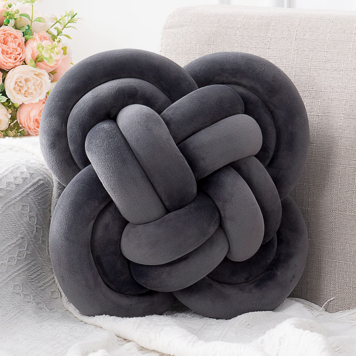 Knot Pillow, Decorative Throw Pillows with Soft Plush for Couch, 12" Knotted Pillows Black Dorm Room Decor Knot Pillow Ball Decorative Cushion for Bed Living Room