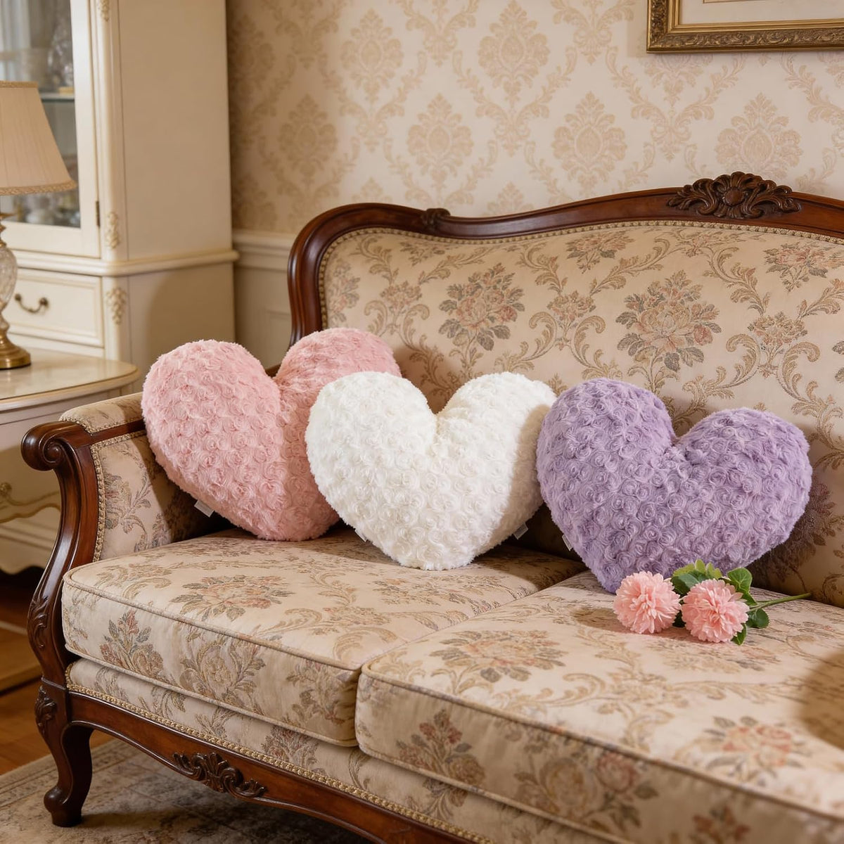 16" Creamy Pearl White Heart Pillow, Luxury 600GSM Rose Textured Faux Rabbit Fur, Super Matte Soft Aesthetic Decorative Throw Pillow for Couch Bed Sofa, Neutral Home Decor Heart Cushion