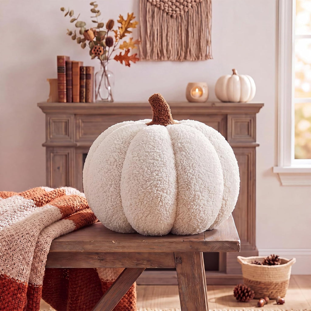 Juexica Stuffed Pumpkin Pillow Fall Halloween Decor Cushion,White,Small