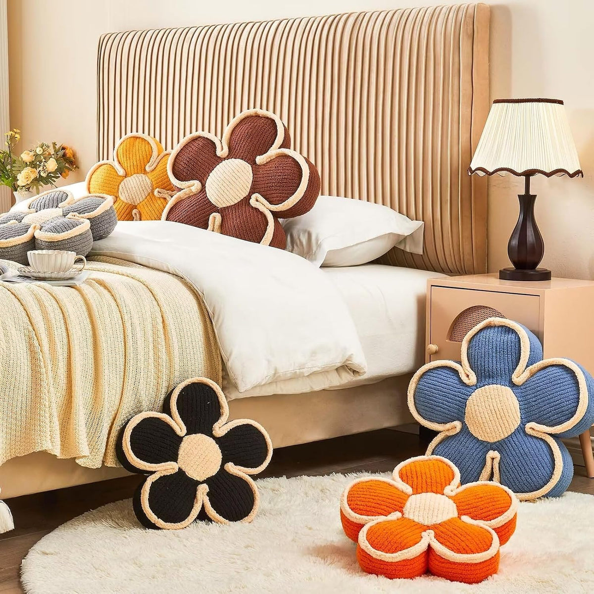 Kcvvcr Soft Flower Shaped Floor Cushion, Plush Decorative Throw Pillow, Cute Seating Cushion, Room Decor Pillow for Sofa Couch Bed (13.7 Inch, Black)