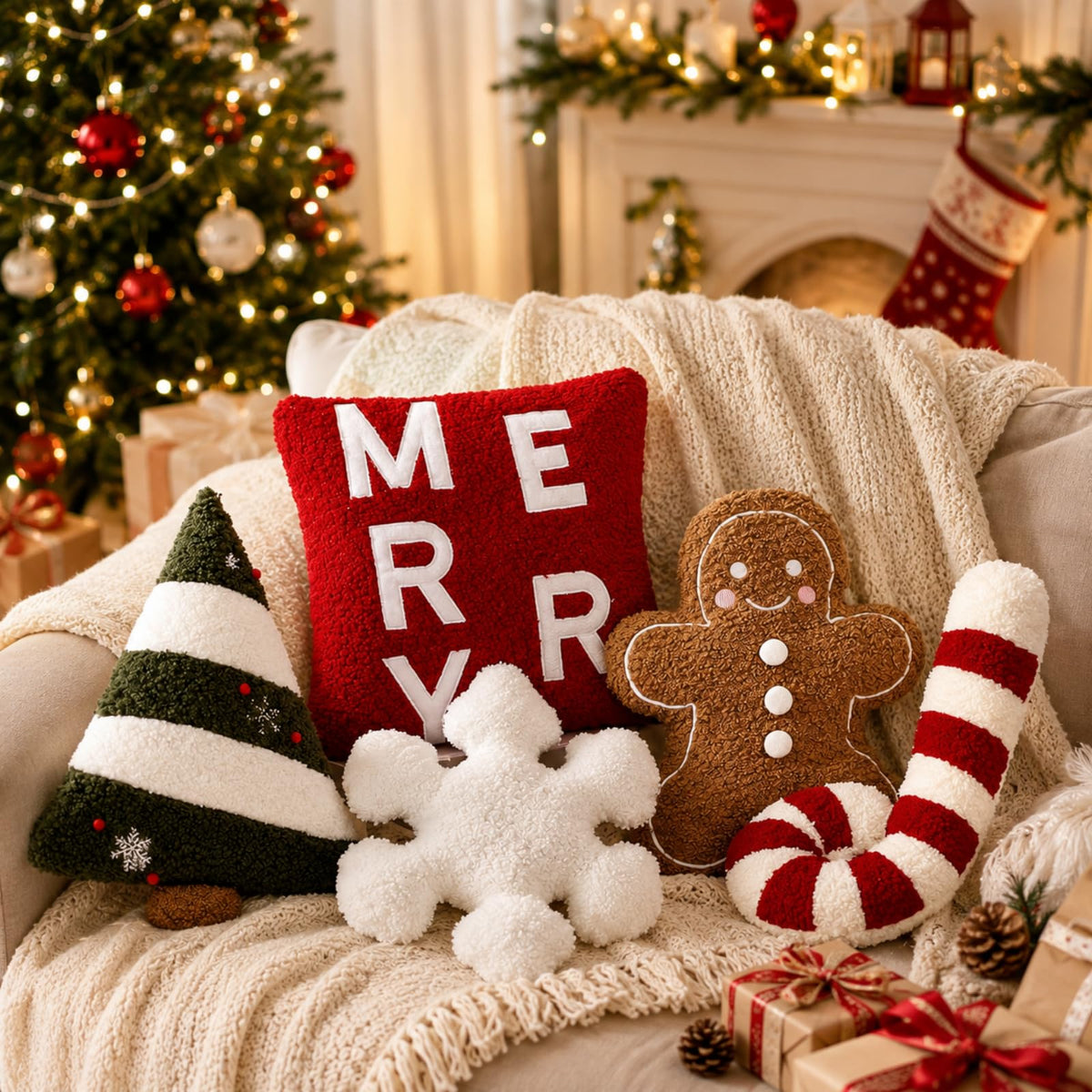 Geelin 5 Pcs Christmas Throw Pillows Gingerbread Xmas Tree Snowflake Candy