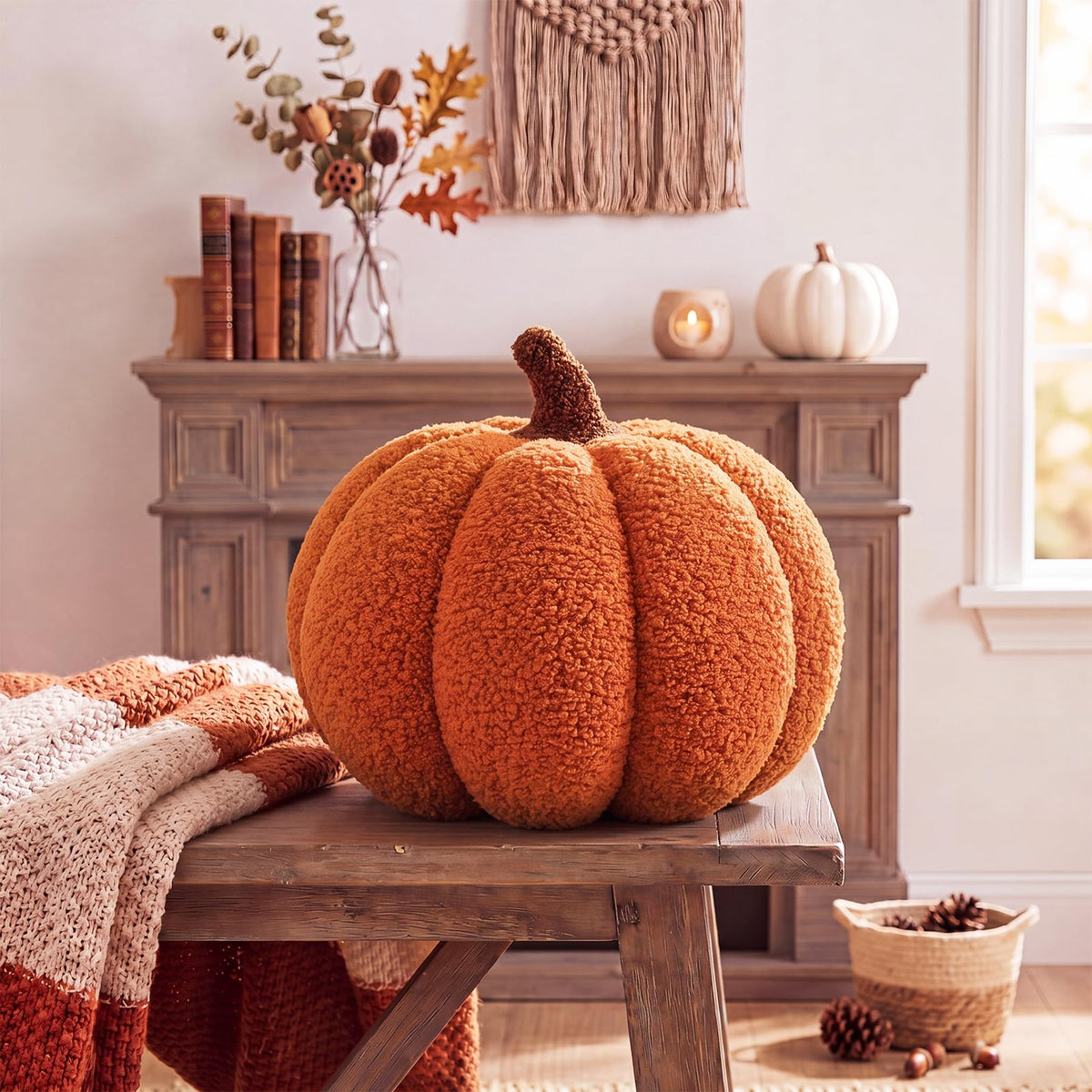 Juexica Stuffed Pumpkin Pillow Fall Halloween Decor Cushion,White,Small