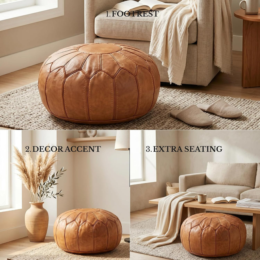 Moroccan Handmade Leather Pouf Ottoman — Round Genuine Leather Footstool, Hand-Stitched Unstuffed Pouf Cover for Living Room, Bedroom & Nursery (Cognac Brown)