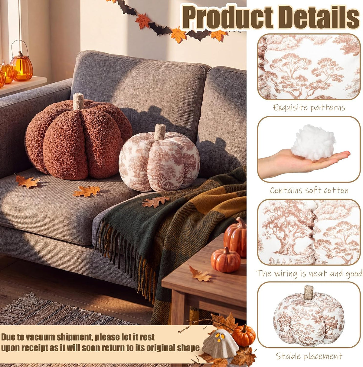 Bucherry 2 Pcs Fall Pumpkin Pillows 3D Plush Throw Cushions for Sofa