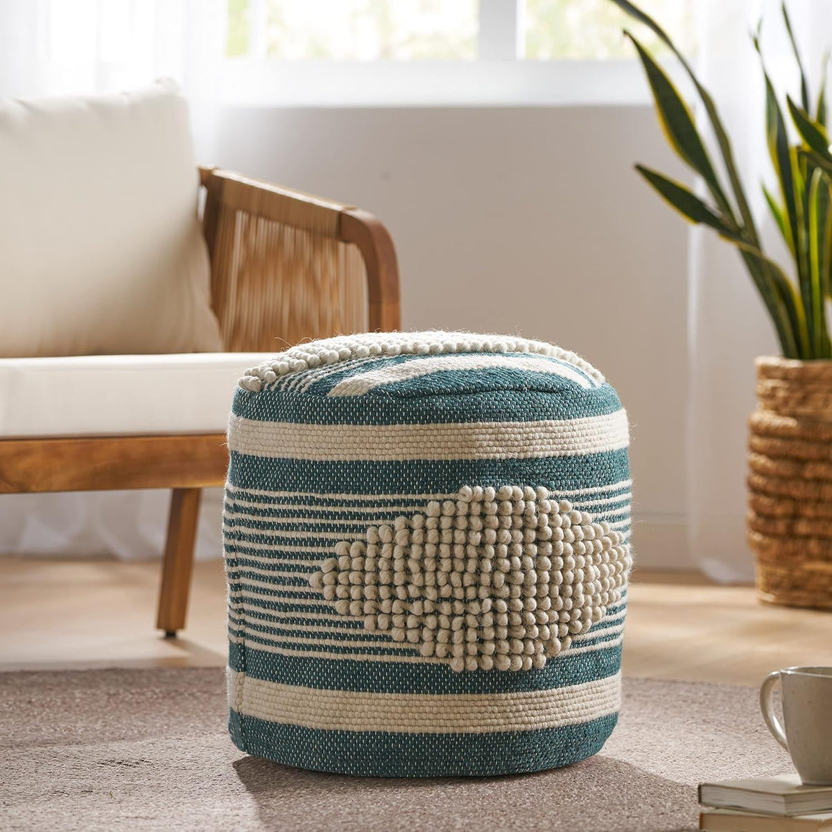 Foamma Pouf Ottoman Natural and Blue, 16"x16"x16" - Square Ottoman Foot Rest for Living Room and Bedroom, Pouf Footstool with Handcrafted Wool Cover, Foot Rest for Couch, Boho Furniture for Home