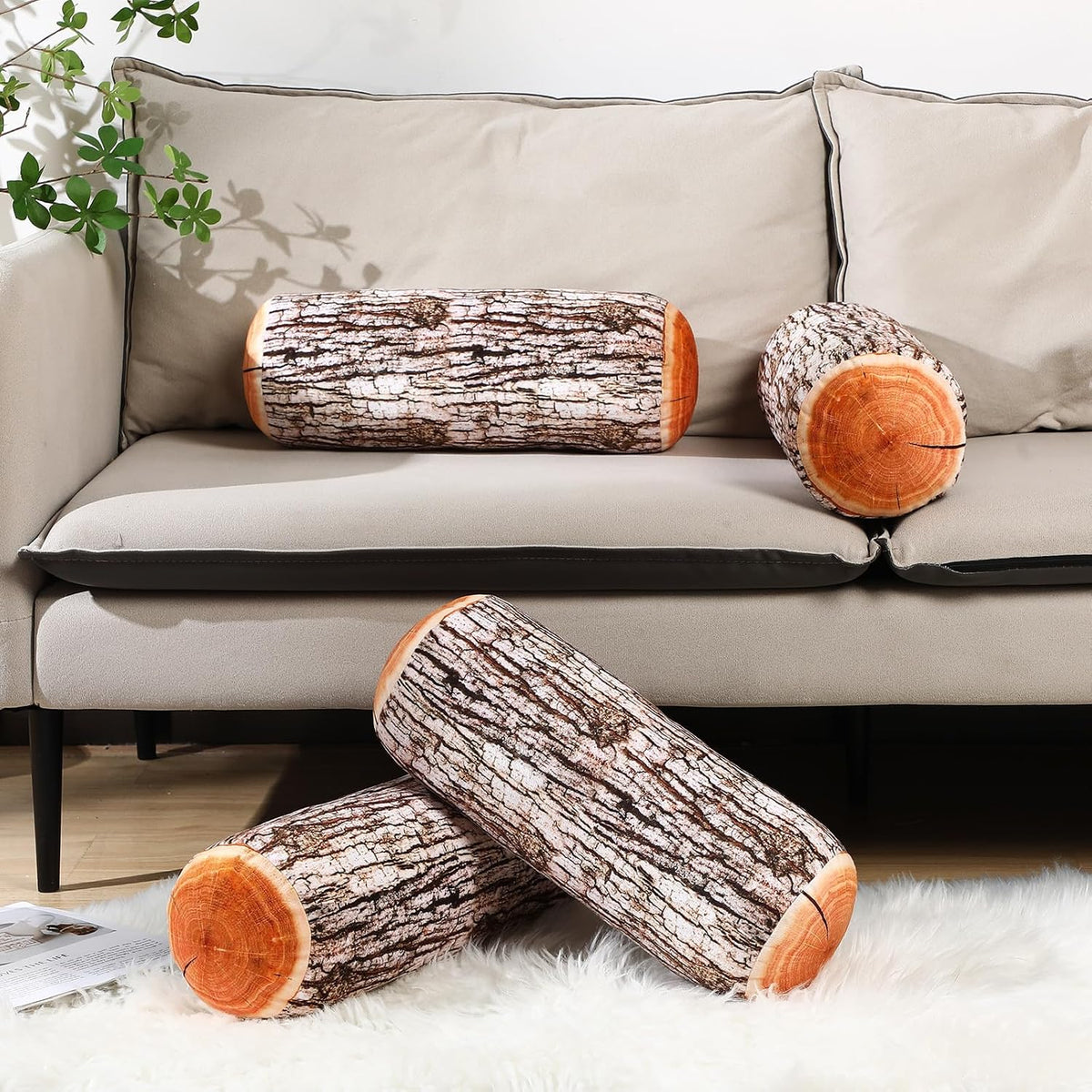 Huwena 4 Pcs Wood Pillows Tree Stump for Home Sofa Living Room Decor