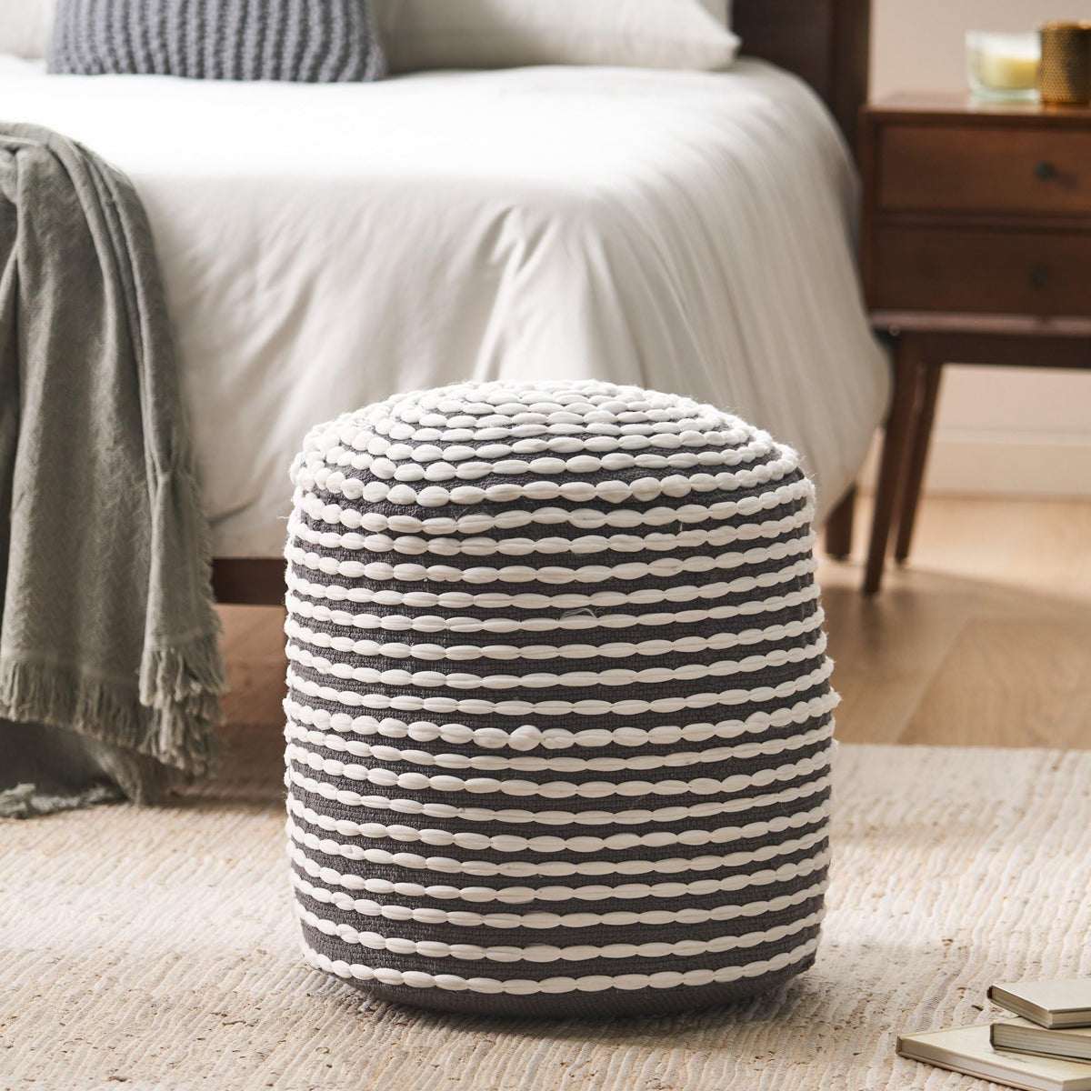 Foamma Pouf Ottoman Natural and Blue, 16"x16"x16" - Square Ottoman Foot Rest for Living Room and Bedroom, Pouf Footstool with Handcrafted Wool Cover, Foot Rest for Couch, Boho Furniture for Home