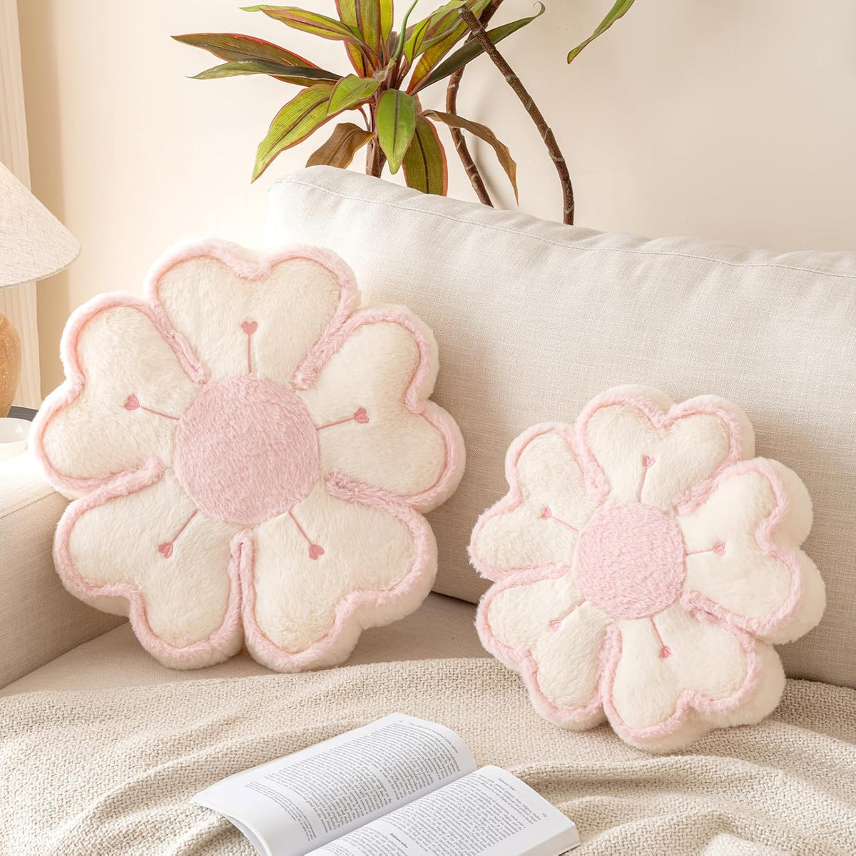 Flower Shaped Decorative Throw Pillow Cushion for Bed Couch, Cute Flower Plush Throw Pillows Home Decor Floor Pillow Seating Cushions (Beige, 13.7 Inches)