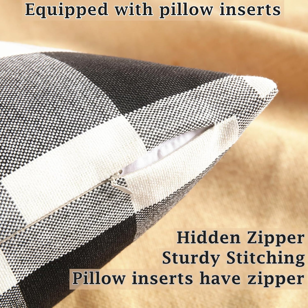Rustic Buffalo Plaid Pillows with Inserts Set of 2, Retro Cotton Linen Decorative Throw Pillows for Front Porch Patio Decor, Classic Home Decor for Sofa Bed Couch(Black White, 16" x 16")