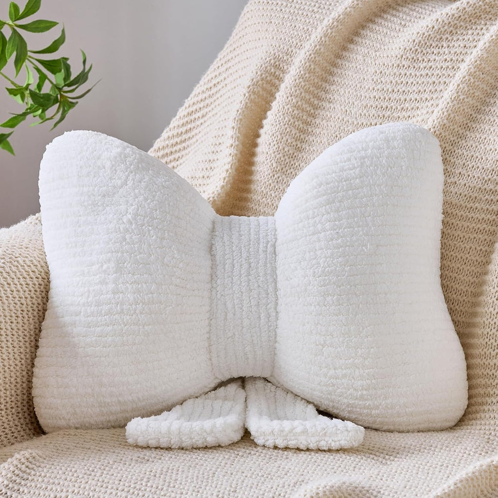 Bow Pillow, Decorative Throw Pillows with Soft Plush, Bow Throw Pillow for Couch Bed, Home Decor Bow Shaped Pillow for Bedroom Living Room (White, 12 Inches)