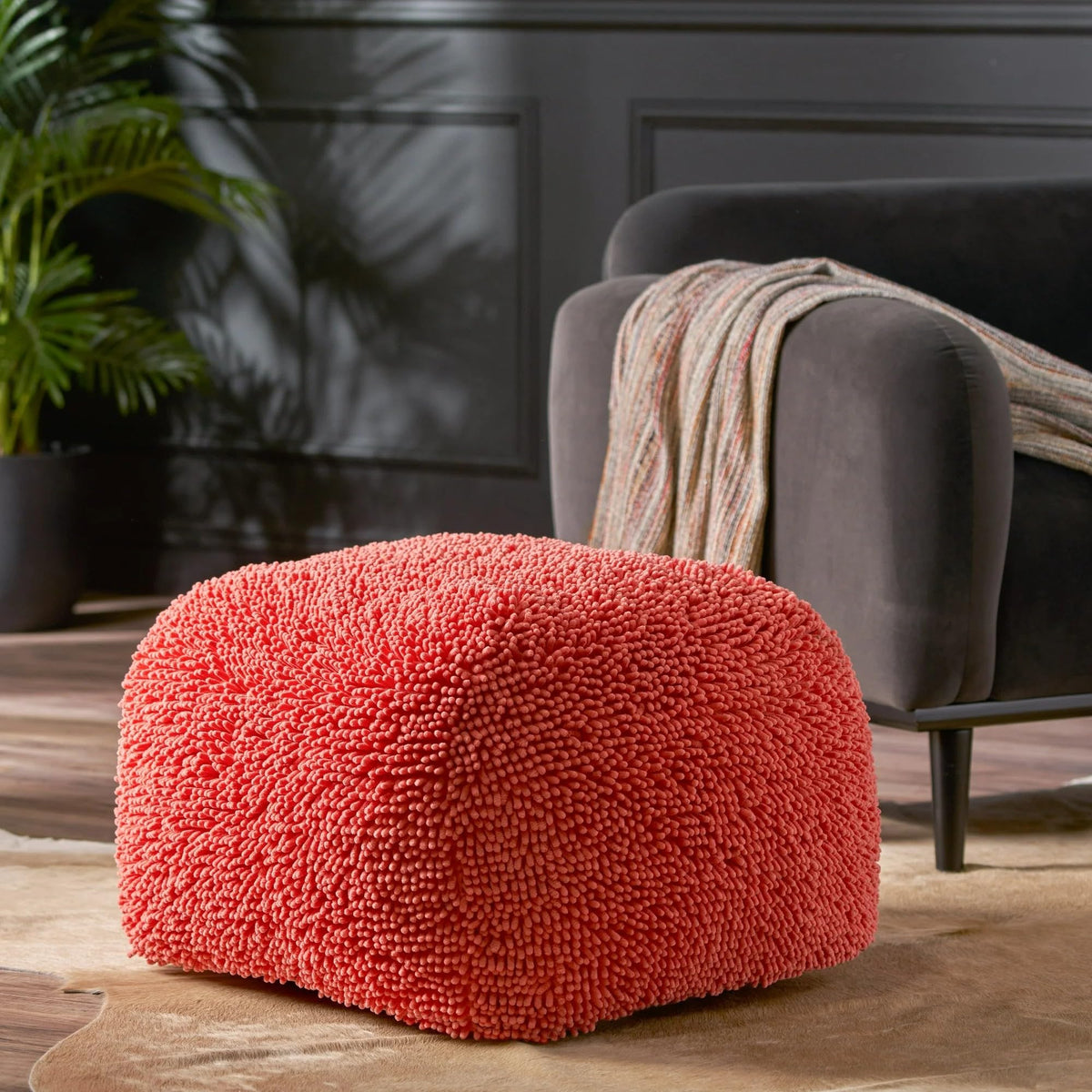 Foamma Pouf Ottoman Natural and Blue, 16"x16"x16" - Square Ottoman Foot Rest for Living Room and Bedroom, Pouf Footstool with Handcrafted Wool Cover, Foot Rest for Couch, Boho Furniture for Home