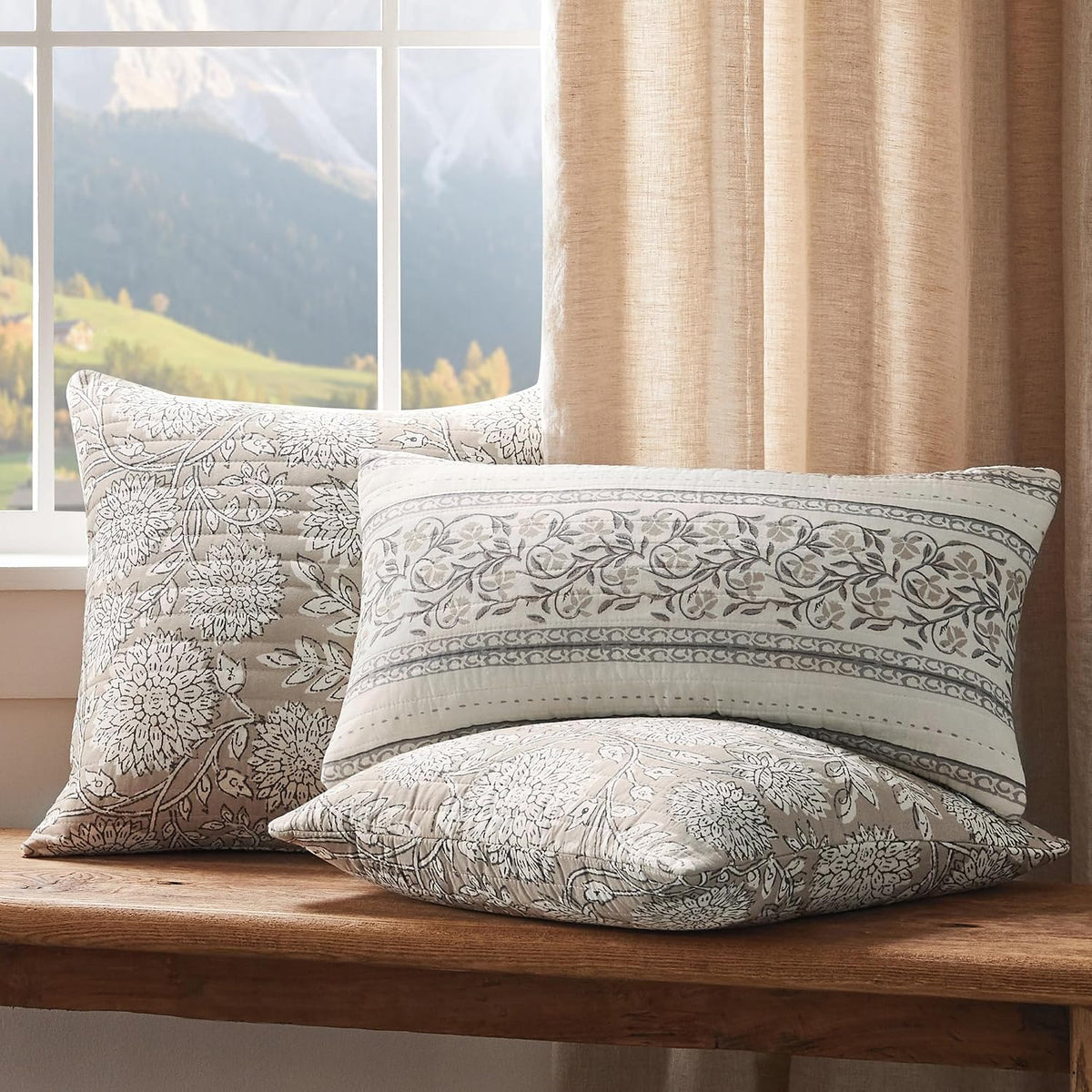 Levtex Home - Adare Taupe - Decorative Pillow (12 x 24in.) - Floral - Taupe, Grey and Cream