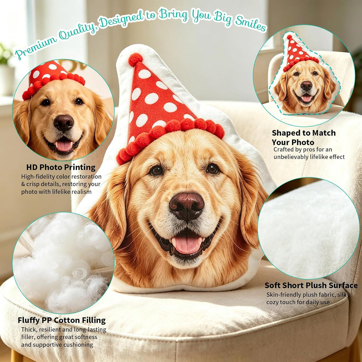 Custom Pet Pillow with Picture, Personalized Dog Cat Face Pillow