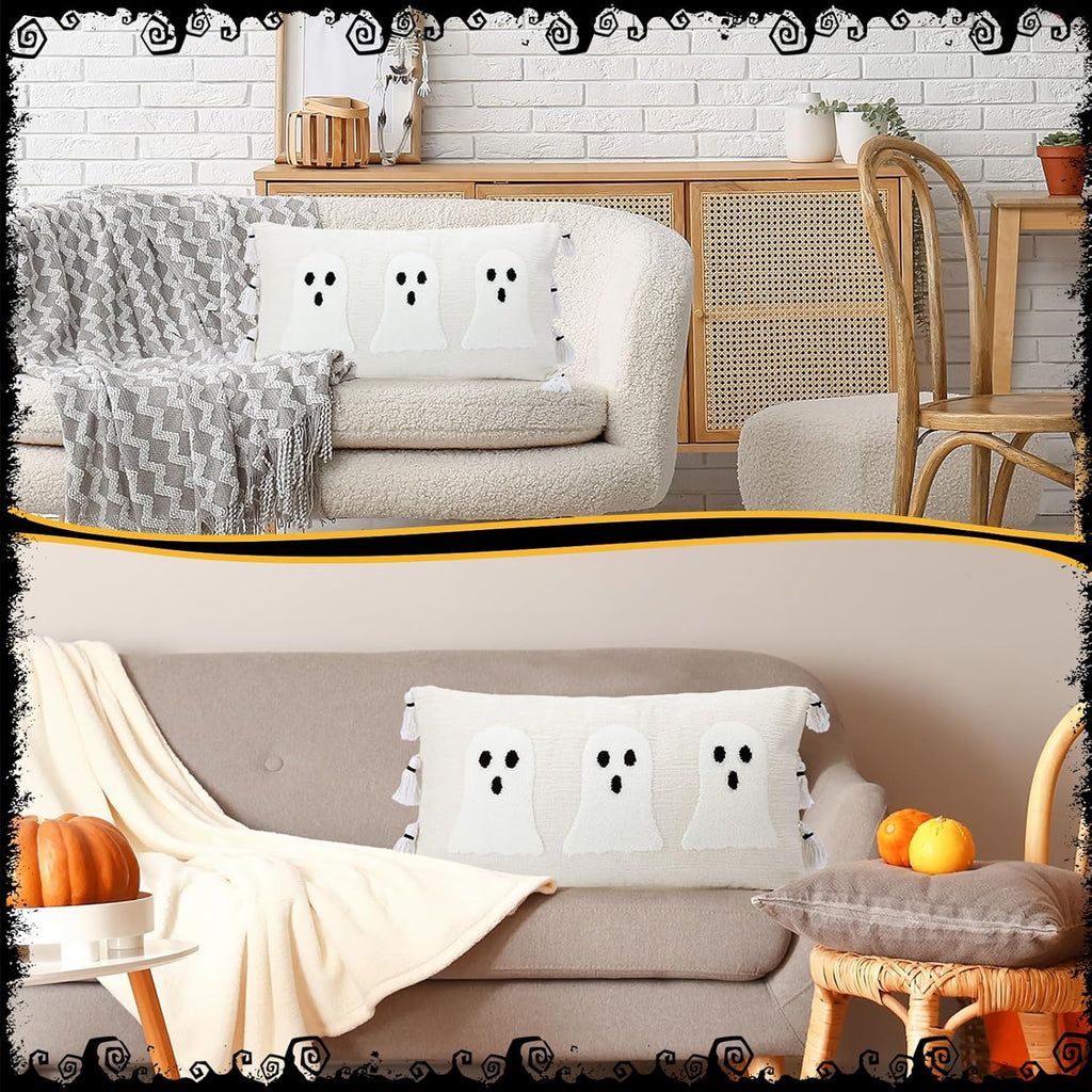 Vercraft Halloween Ghost Lumbar Throw Pillow with Tassels 14x26,White