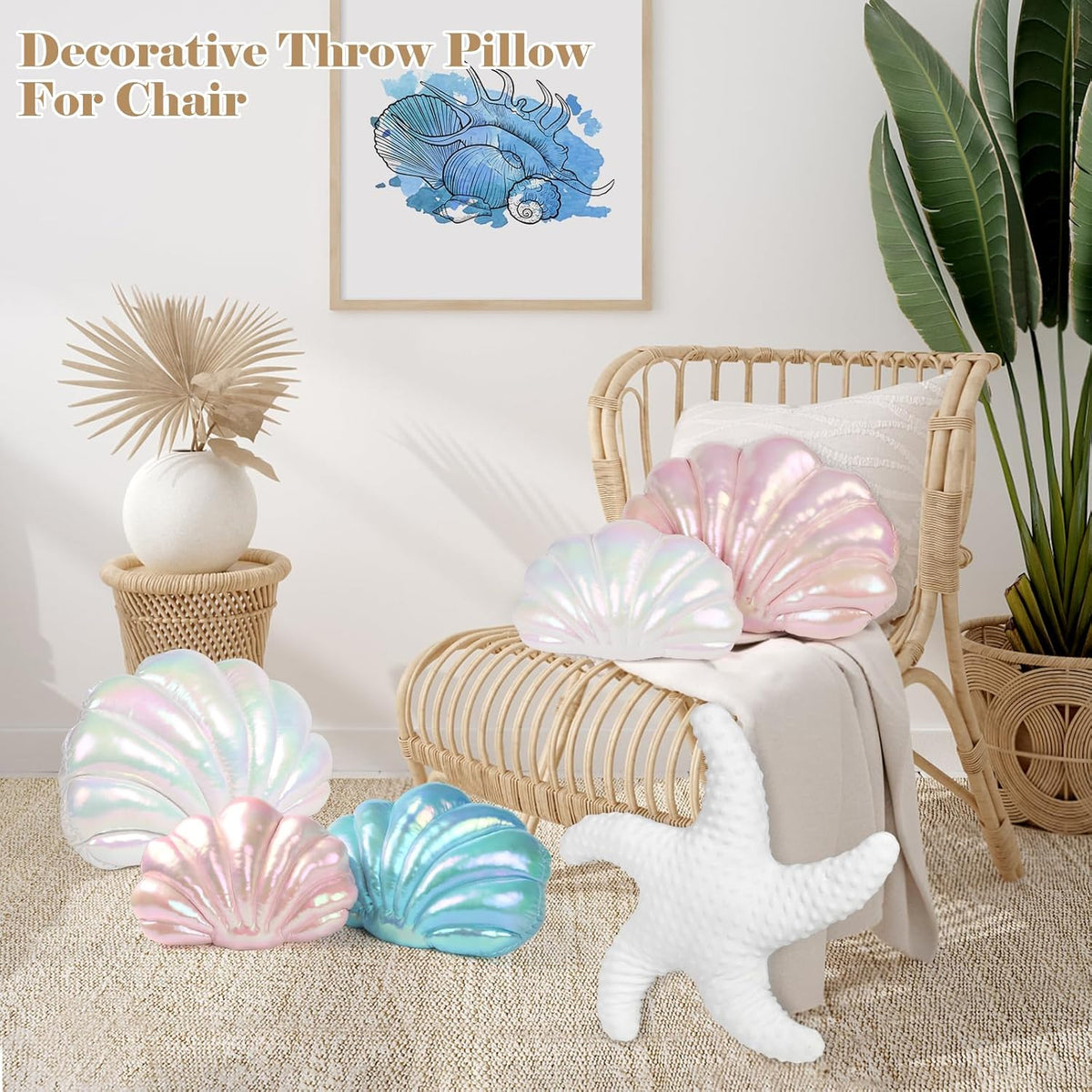 Marble Empire Seashell Pillow - Holographic Iridescent Foil Fabric Throw Pillow for Couch, Coastal Beach Theme Decor, Ocean Themed Bedroom Living Room Accent Pillow（Pearl White,14×11''）