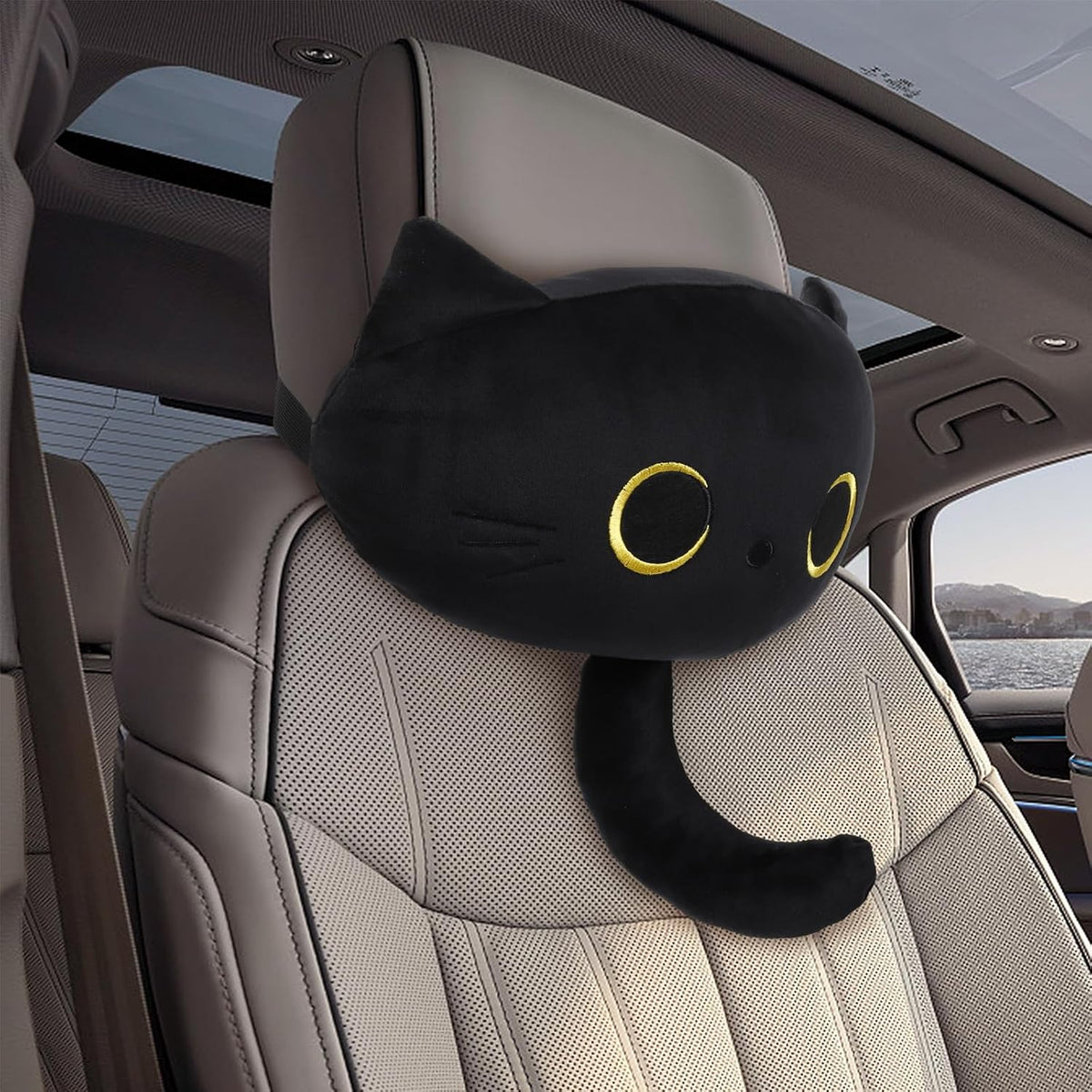 Black Cat Car Headrest Pillow Neck Support Plush Cushion for Driving Seat (2 pcs)