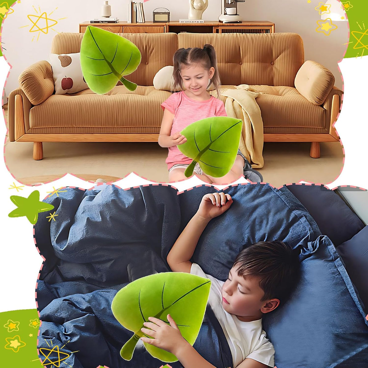 19.7" Leaf Pillow,Green Stuffed Plant Shaped Cushion Throw Toy