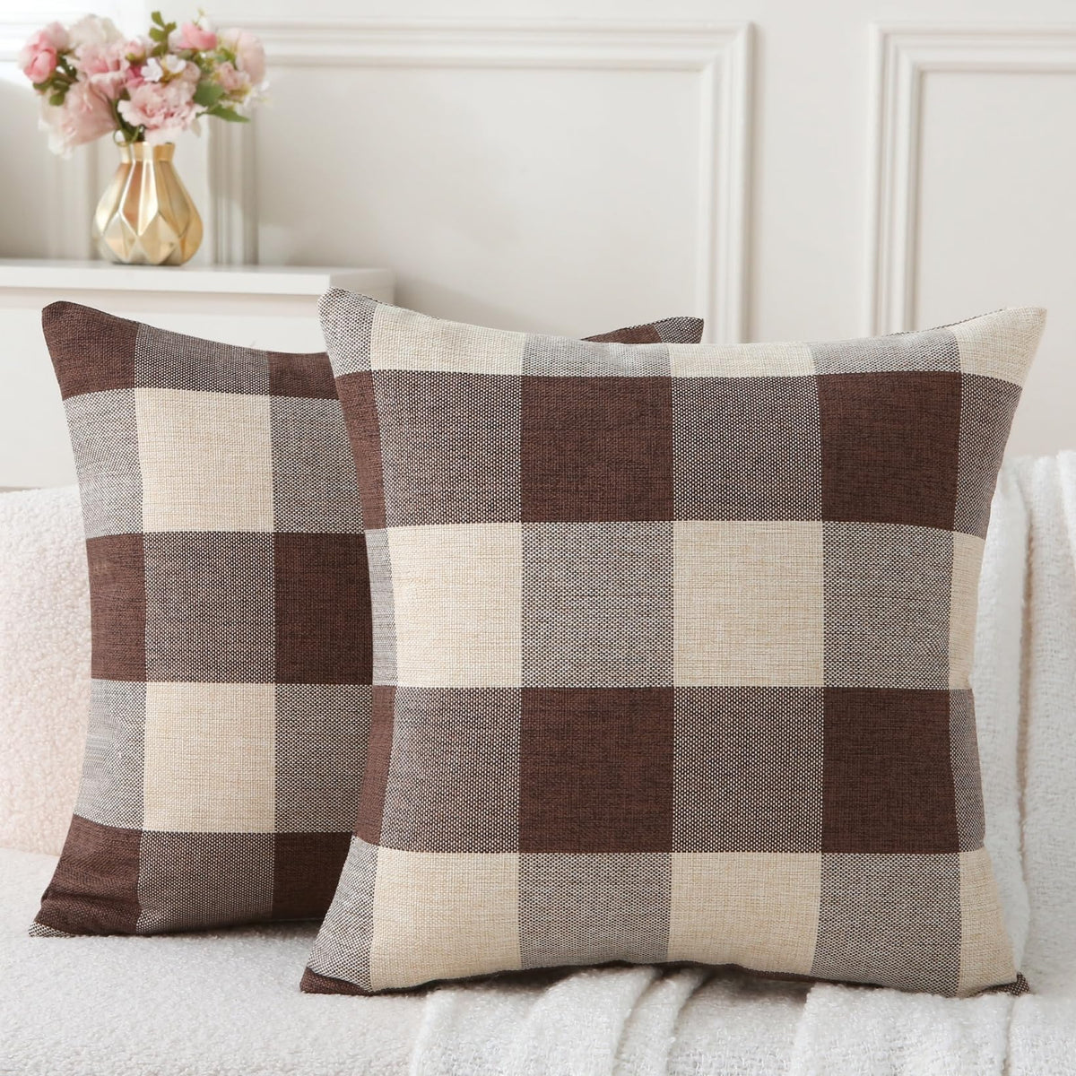 Rustic Buffalo Plaid Pillows with Inserts Set of 2, Retro Cotton Linen Decorative Throw Pillows for Front Porch Patio Decor, Classic Home Decor for Sofa Bed Couch(Black White, 16" x 16")