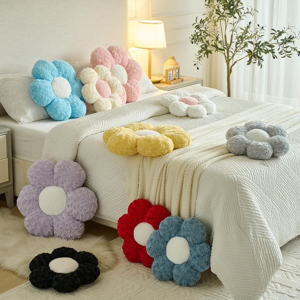 Flower Pillows, Decorative Throw Pillow with Soft Plush for Couch, Flower Shaped Pillow Home Decor Daisy Pillow for Bed (White, 14.9 Inches)